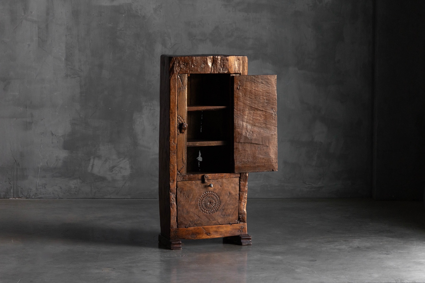 Antique Hand-Carved Rustic Wood Cabinet, Italy - 19th Century