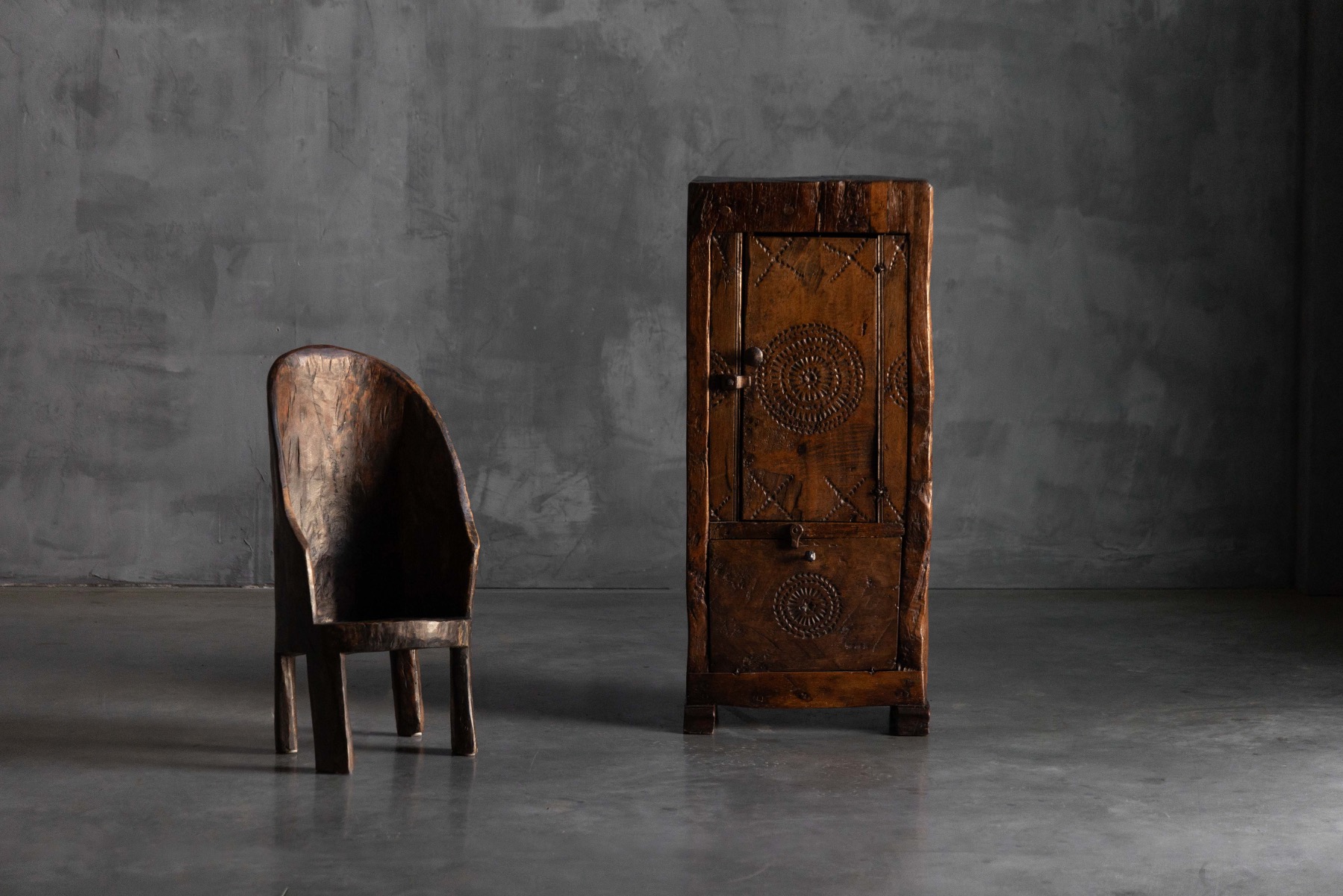 Antique Hand-Carved Rustic Wood Cabinet, Italy - 19th Century