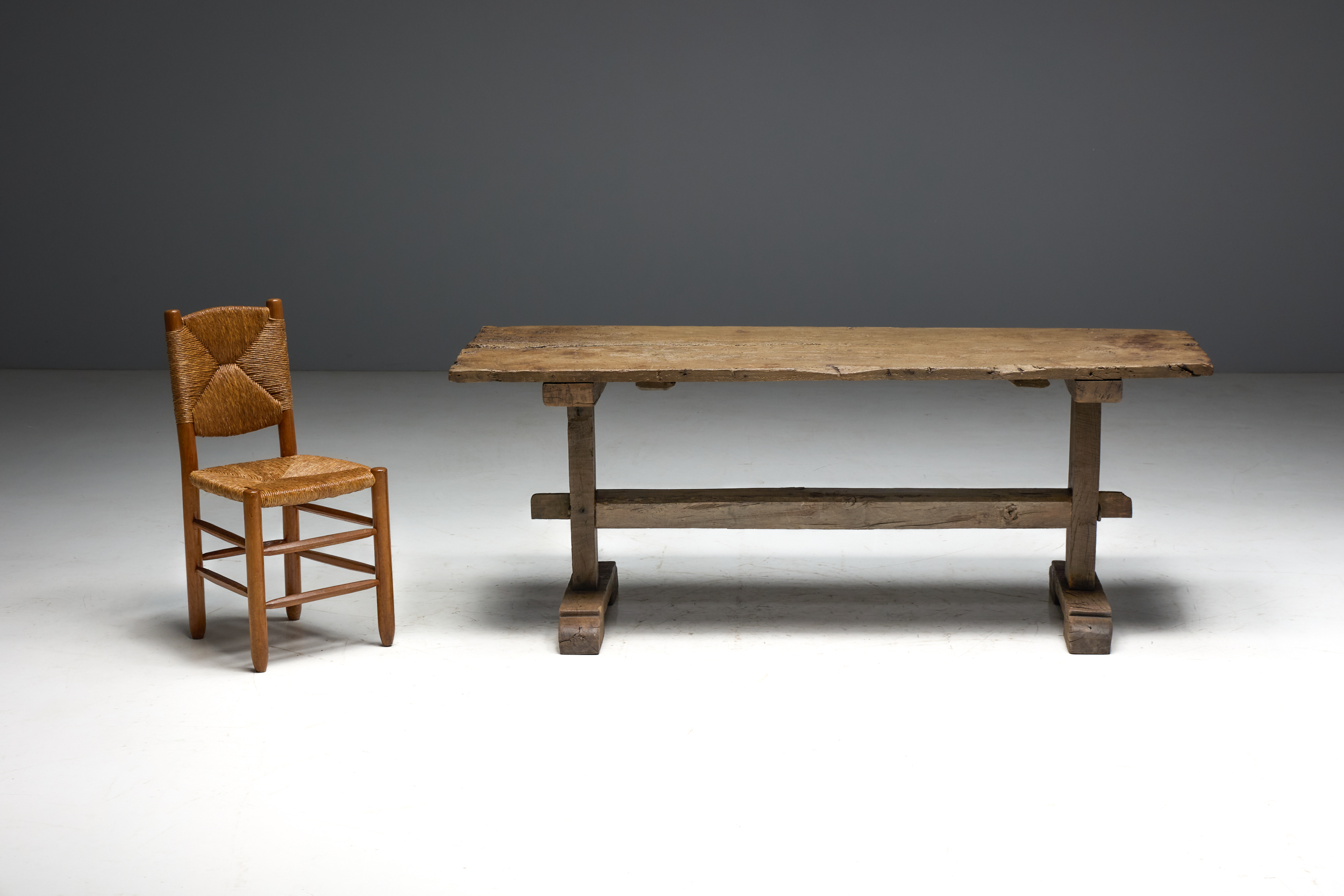 Antique Rustic Oak Trestle Table - 19th Century