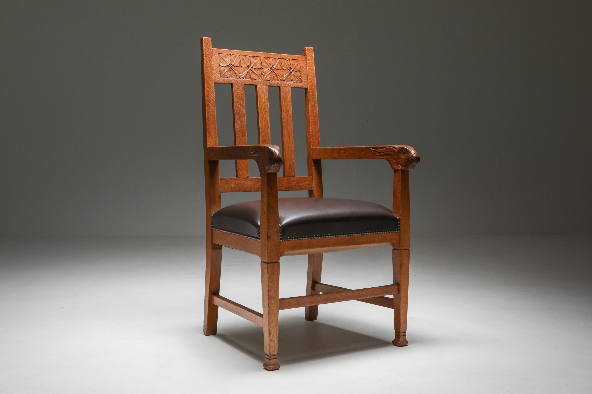 Arts & Crafts Conference Chair with Hand Carved Rabbit Head Handles - 1920's