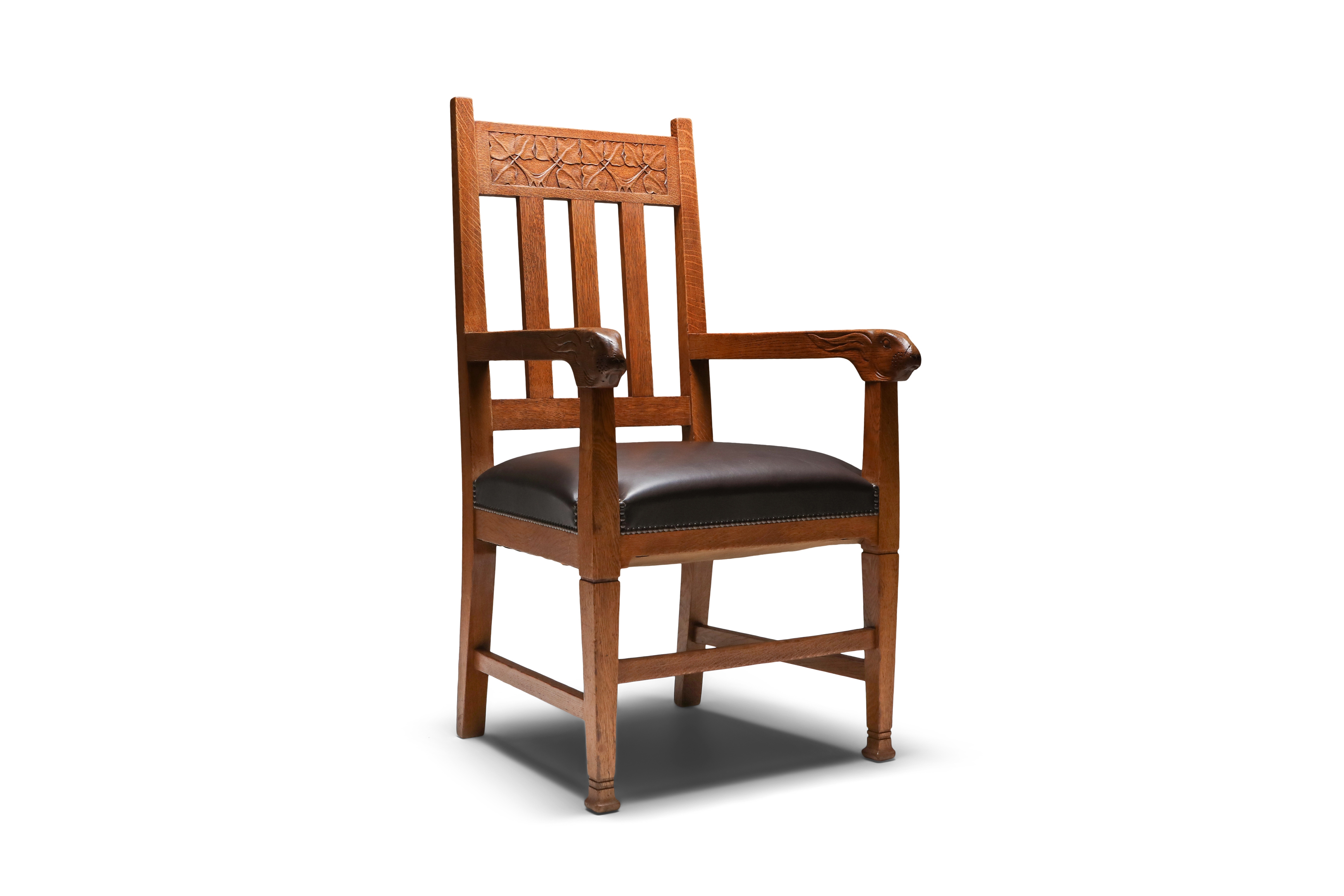 Arts & Crafts Conference Chair with Hand Carved Rabbit Head Handles - 1920's