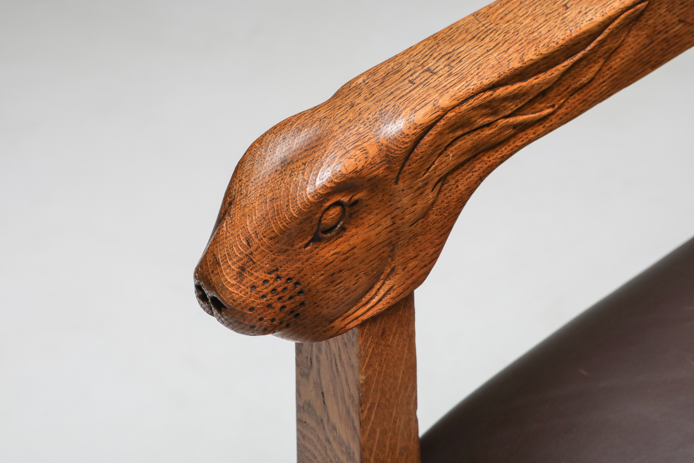 Arts & Crafts Conference Chair with Hand Carved Rabbit Head Handles - 1920's