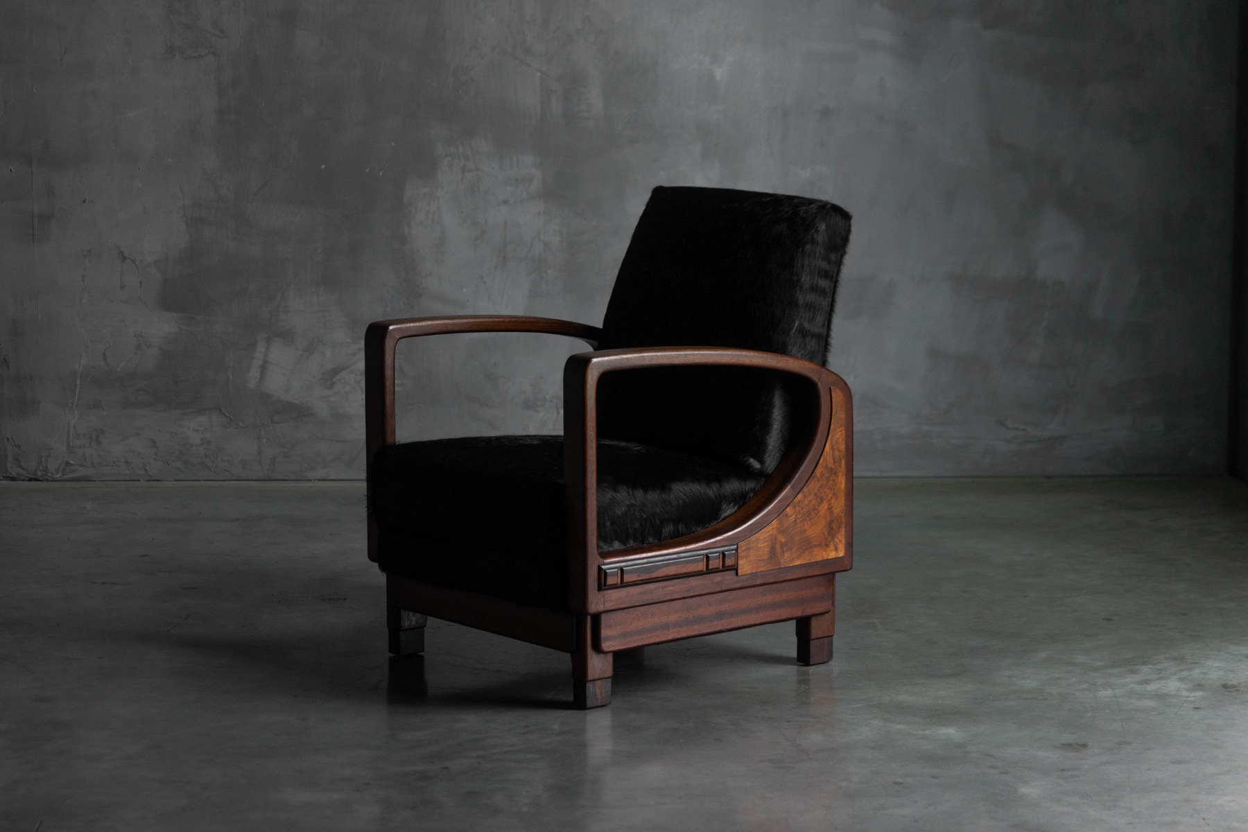 Art Deco Walnut Armchairs with Cowhide Upholstery, France - 1930s