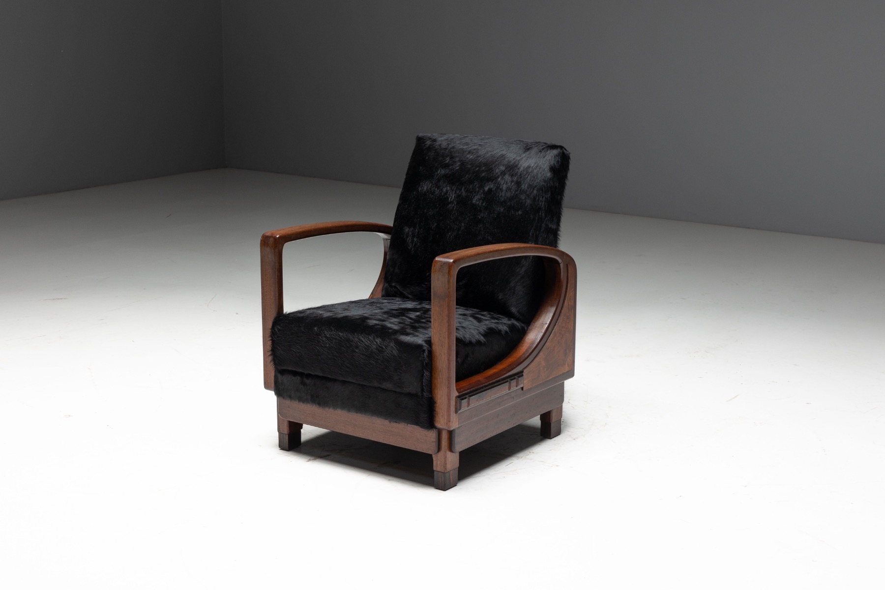 Art Deco Walnut Armchairs with Cowhide Upholstery, France - 1930s