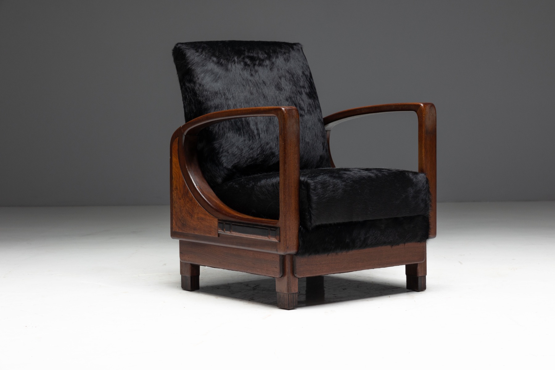 Art Deco Walnut Armchairs with Cowhide Upholstery, France - 1930s