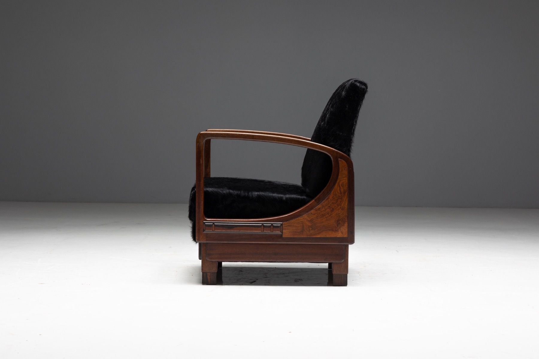 Art Deco Walnut Armchairs with Cowhide Upholstery, France - 1930s