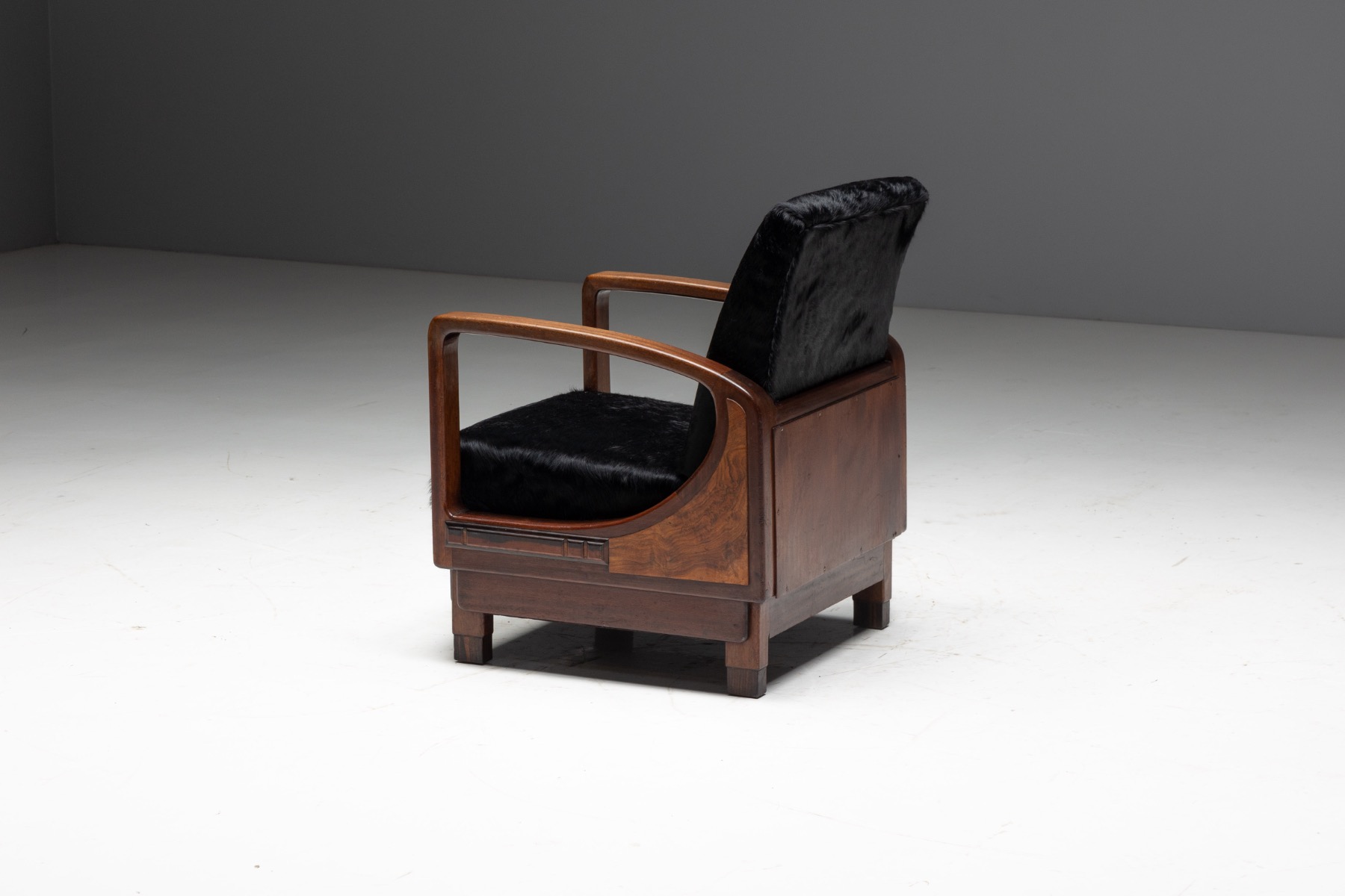 Art Deco Walnut Armchairs with Cowhide Upholstery, France - 1930s