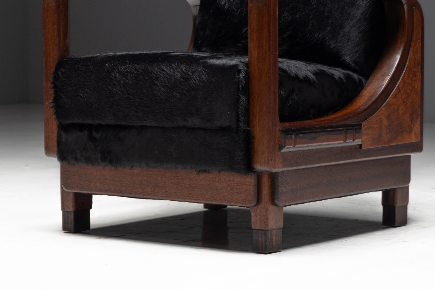 Art Deco Walnut Armchairs with Cowhide Upholstery, France - 1930s