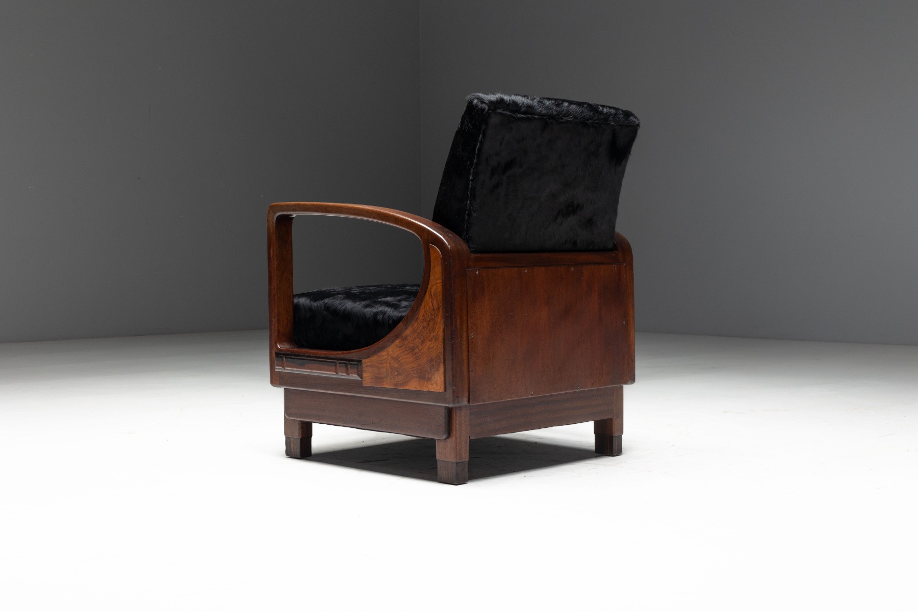Art Deco Walnut Armchairs with Cowhide Upholstery, France - 1930s