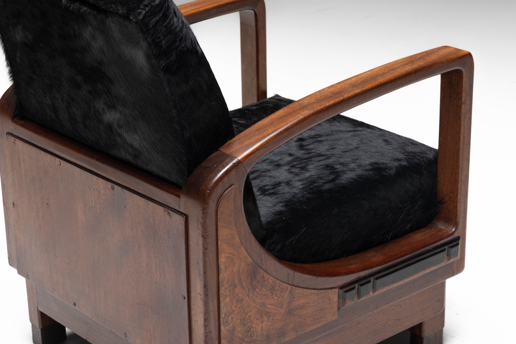 Art Deco Walnut Armchairs with Cowhide Upholstery, France - 1930s