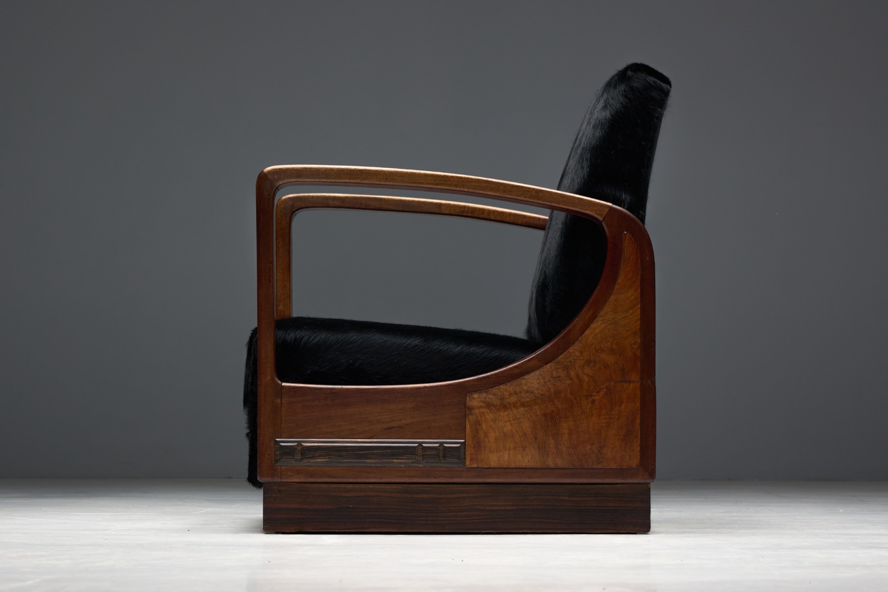 Art Deco Walnut Armchairs with Cowhide Upholstery, France - 1930s