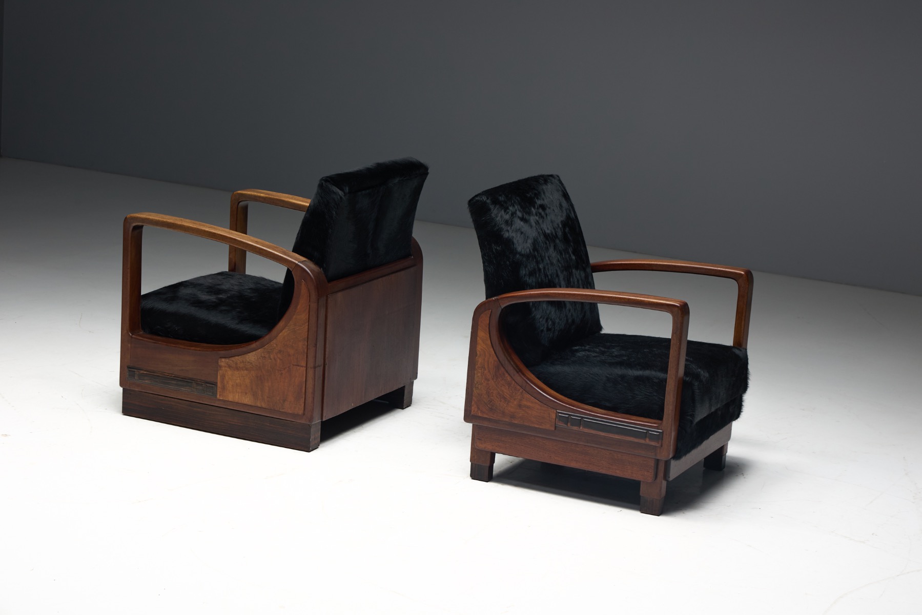 Art Deco Walnut Armchairs with Cowhide Upholstery, France - 1930s