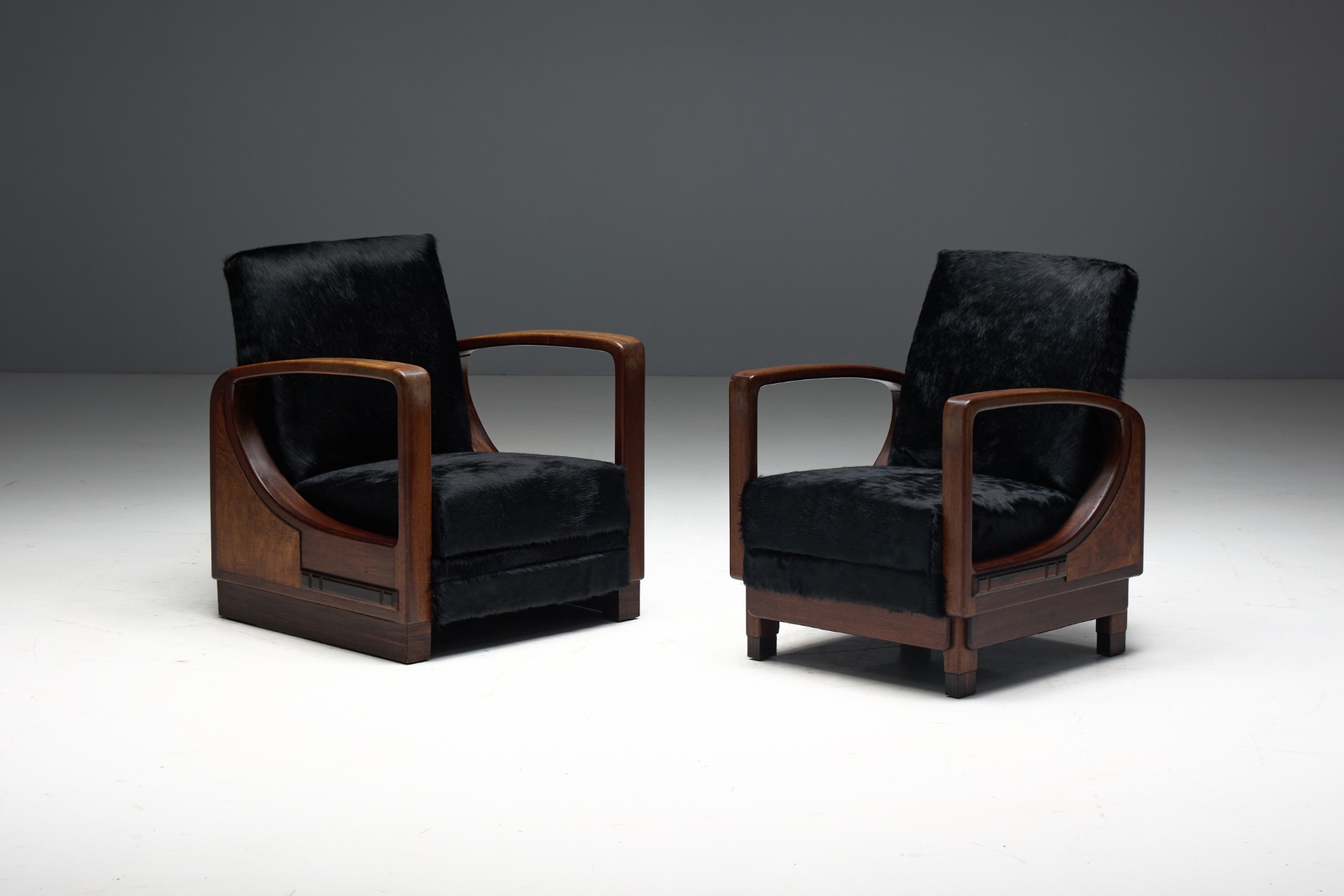 Art Deco Walnut Armchairs with Cowhide Upholstery, France - 1930s