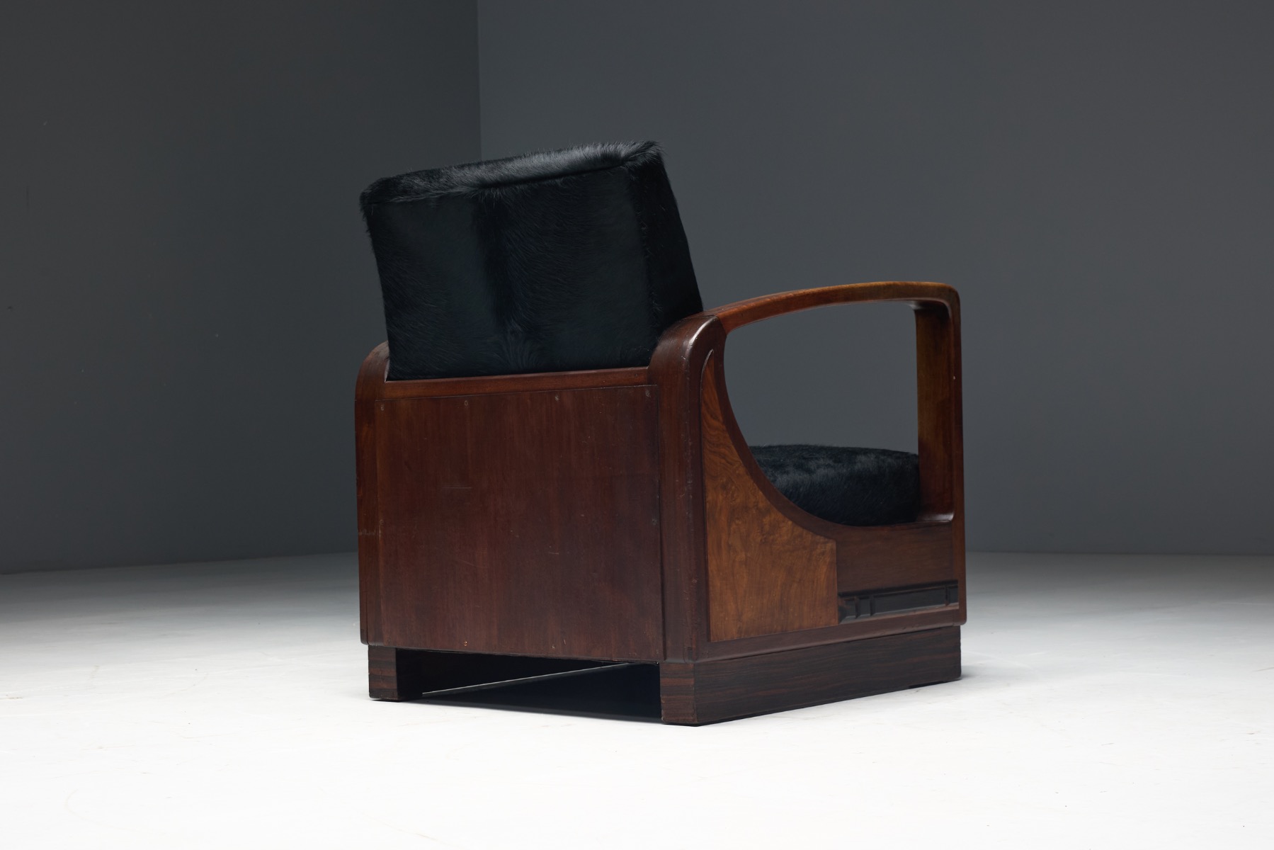 Art Deco Walnut Armchairs with Cowhide Upholstery, France - 1930s