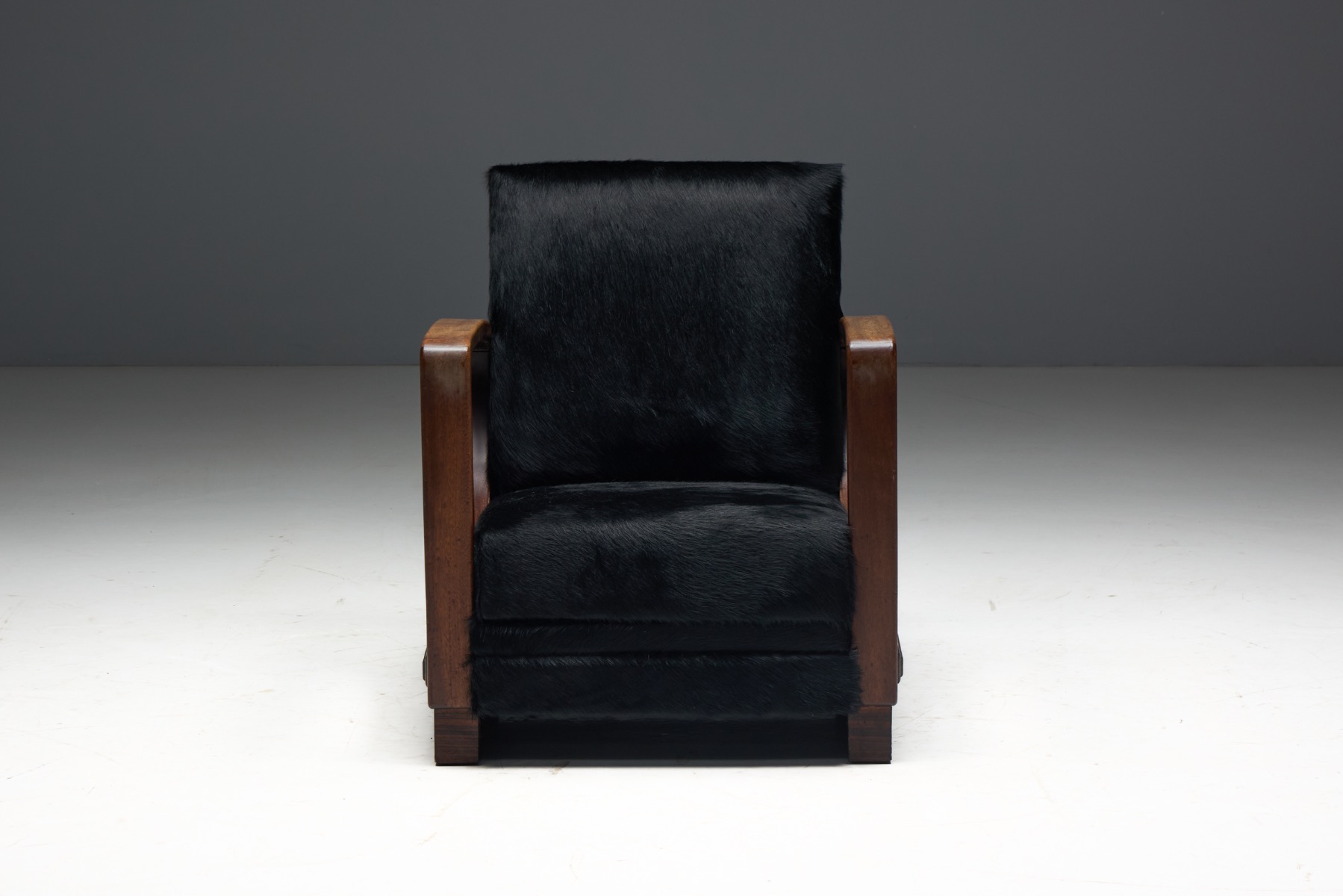 Art Deco Walnut Armchairs with Cowhide Upholstery, France - 1930s