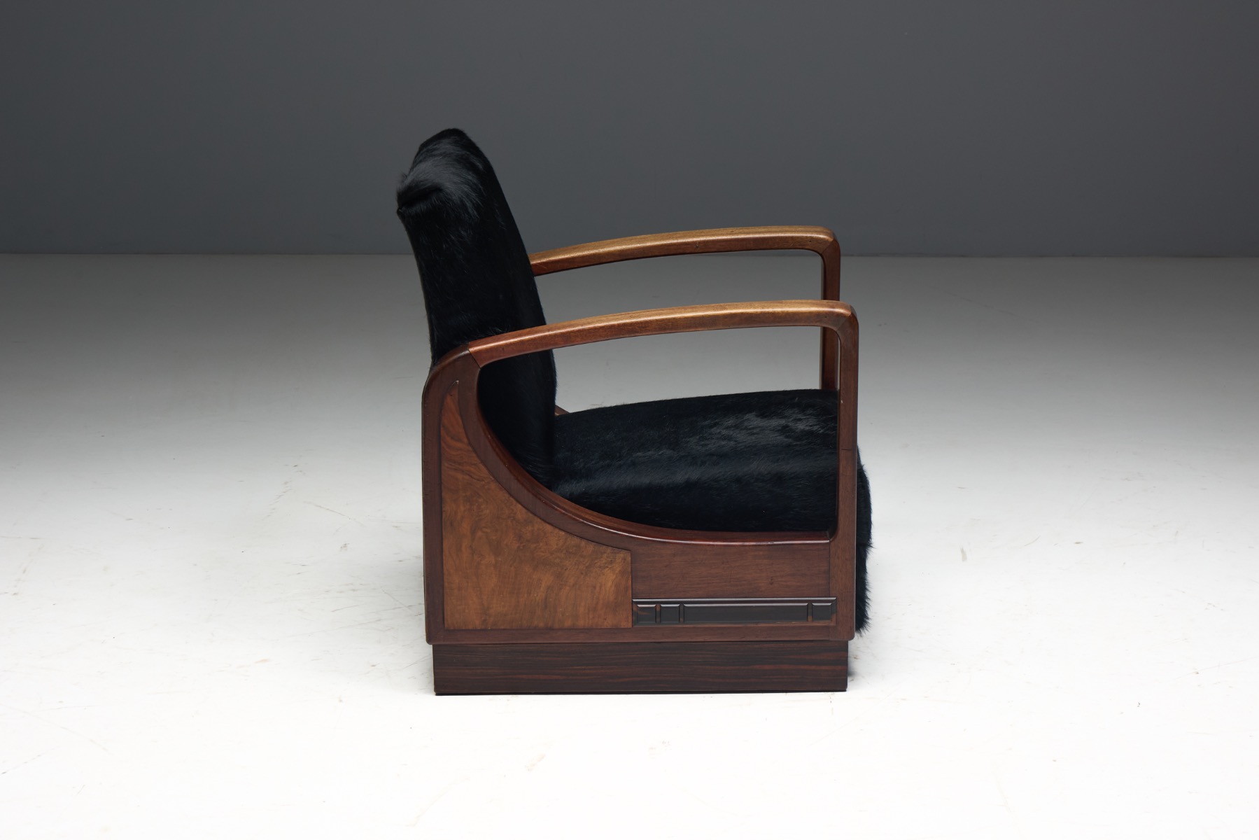 Art Deco Walnut Armchairs with Cowhide Upholstery, France - 1930s