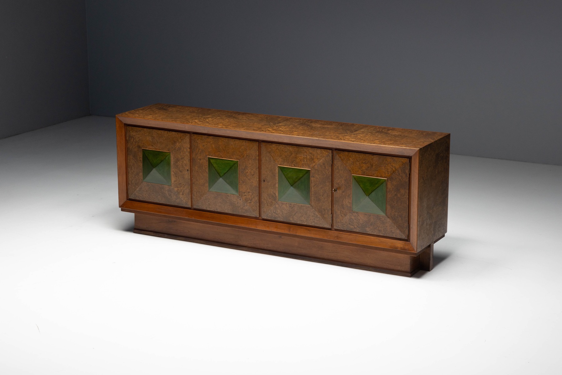Art Deco Sideboard with Pyramid Inlay Doors, Italy - 1930s