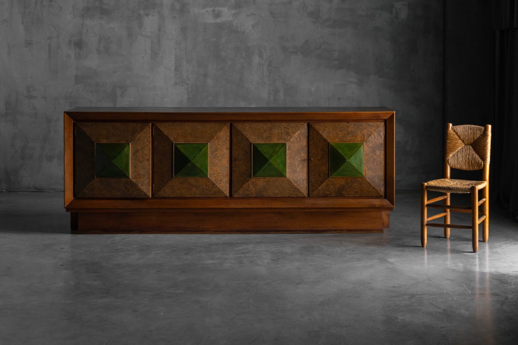 Art Deco Sideboard with Pyramid Inlay Doors, Italy - 1930s