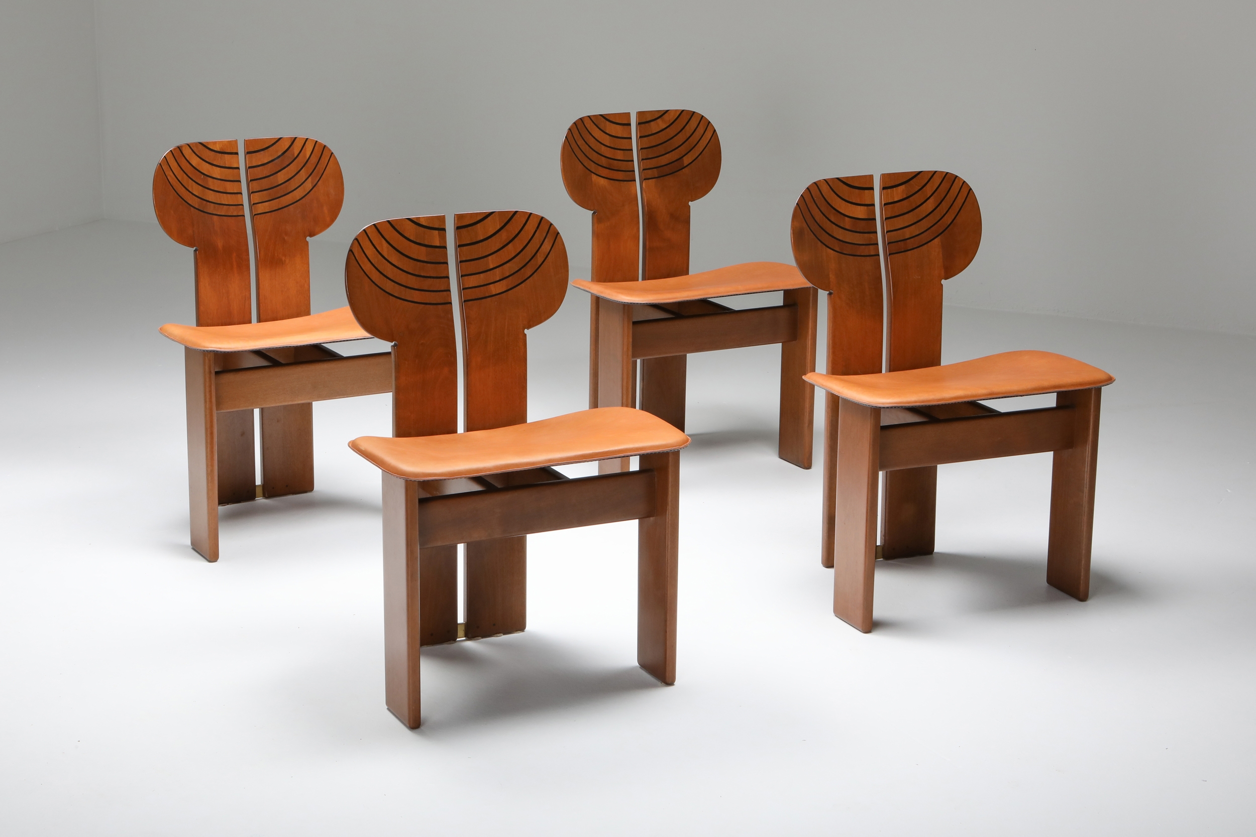 Afra and Tobia Scarpa Africa Chairs with Cognac Leather Seating - 1970's