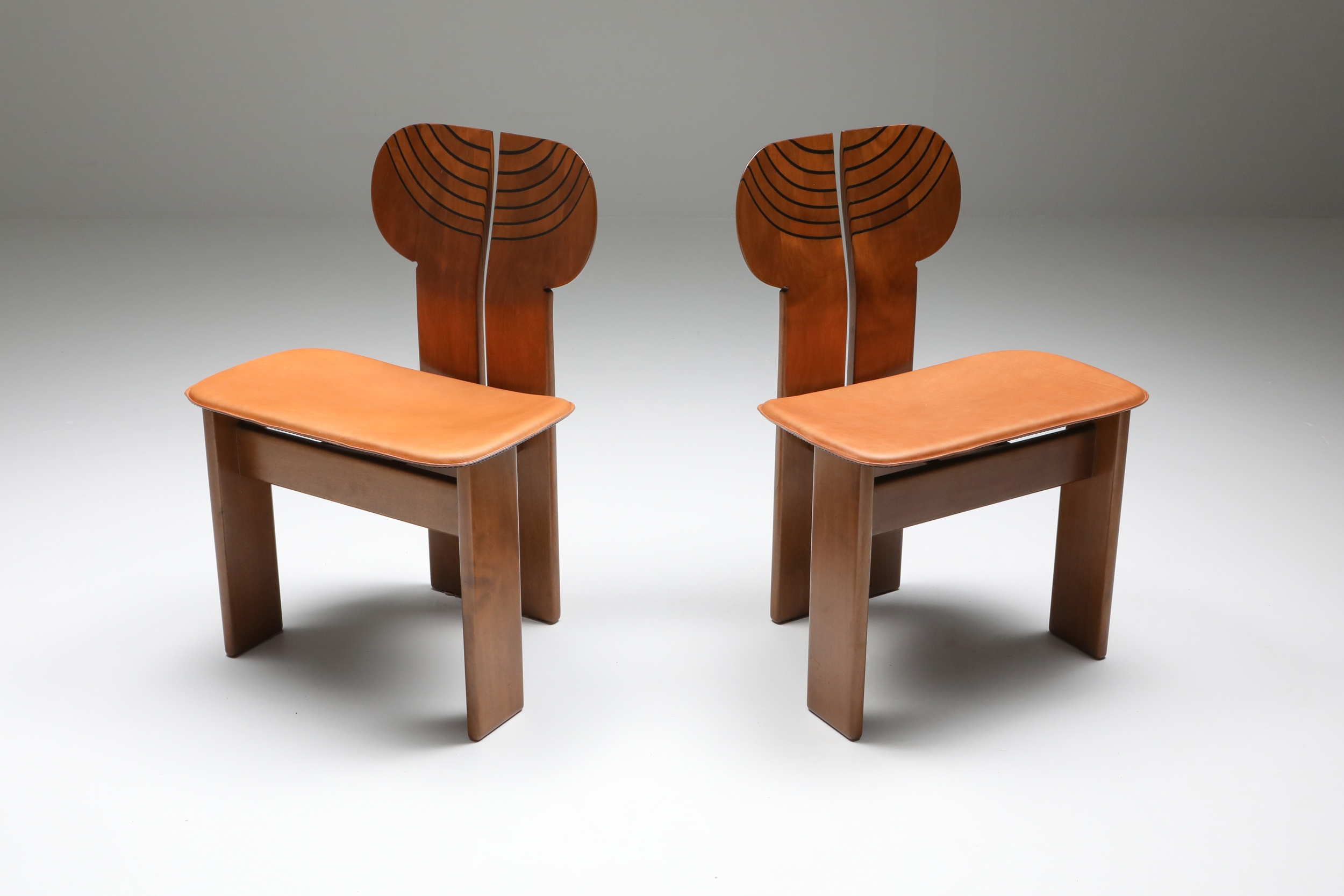 Afra and Tobia Scarpa Africa Chairs with Cognac Leather Seating - 1970's