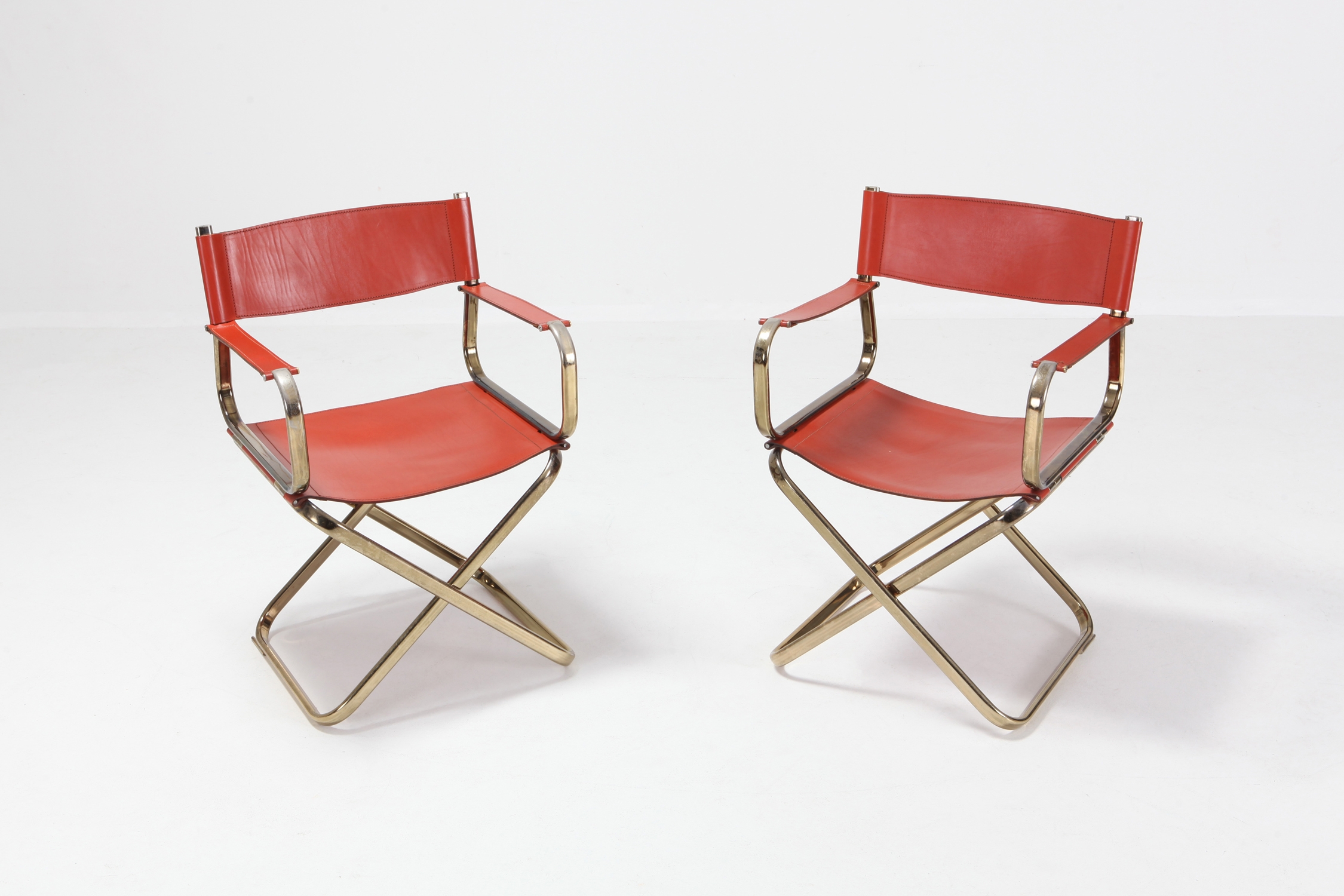 Mid-Century Modern Arrben Directors Chairs in Brass and Red Leather - 1970s
