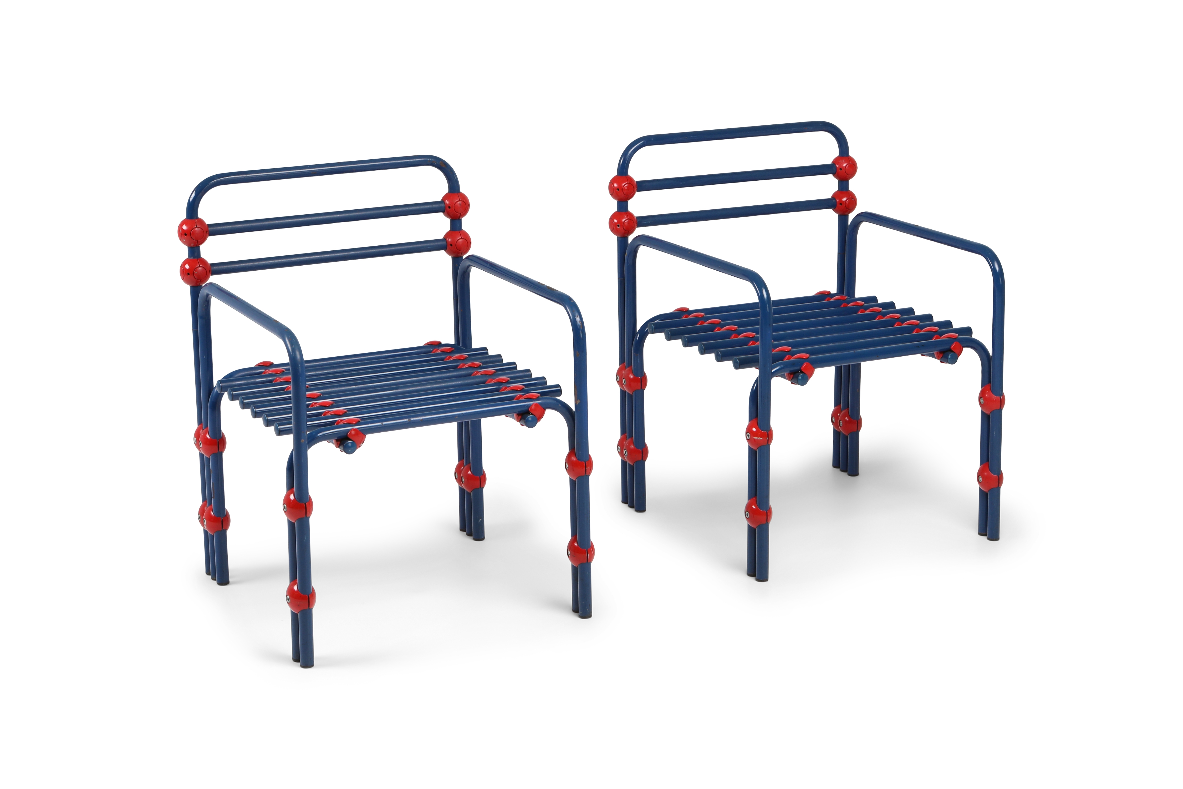 Italian Postmodern Pair of Armchairs in Red and Blue - 1980s