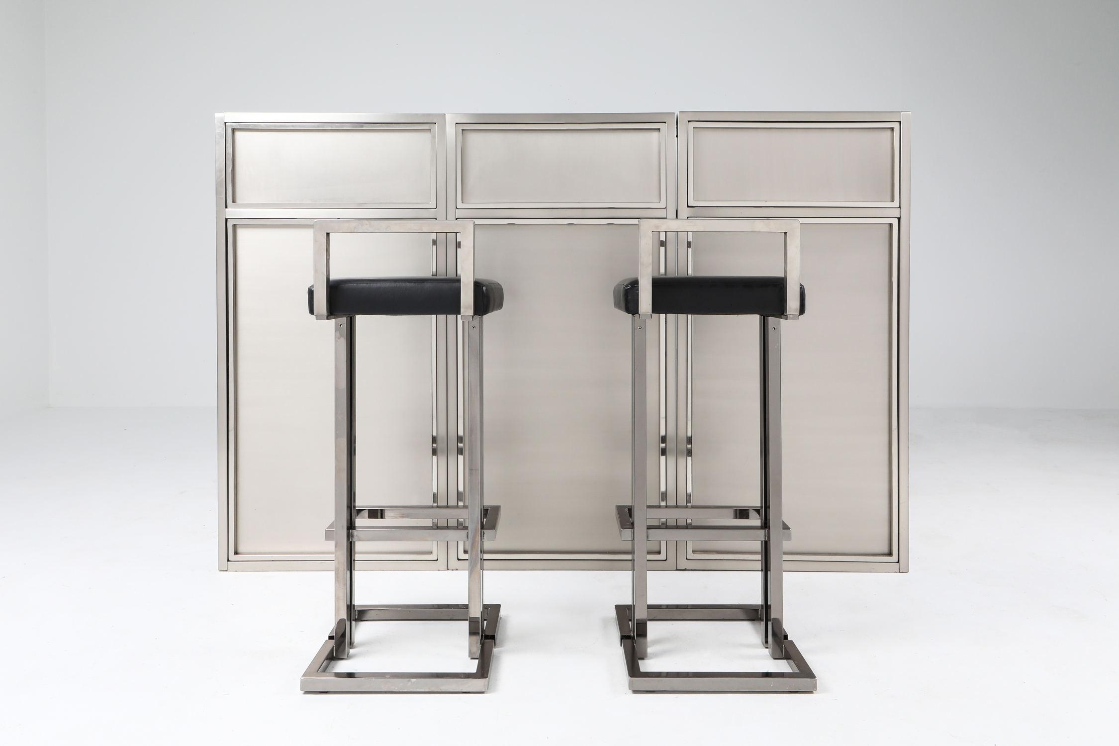 Maison Jansen Stainless Steel & Chrome Bar With Stools - 1970s