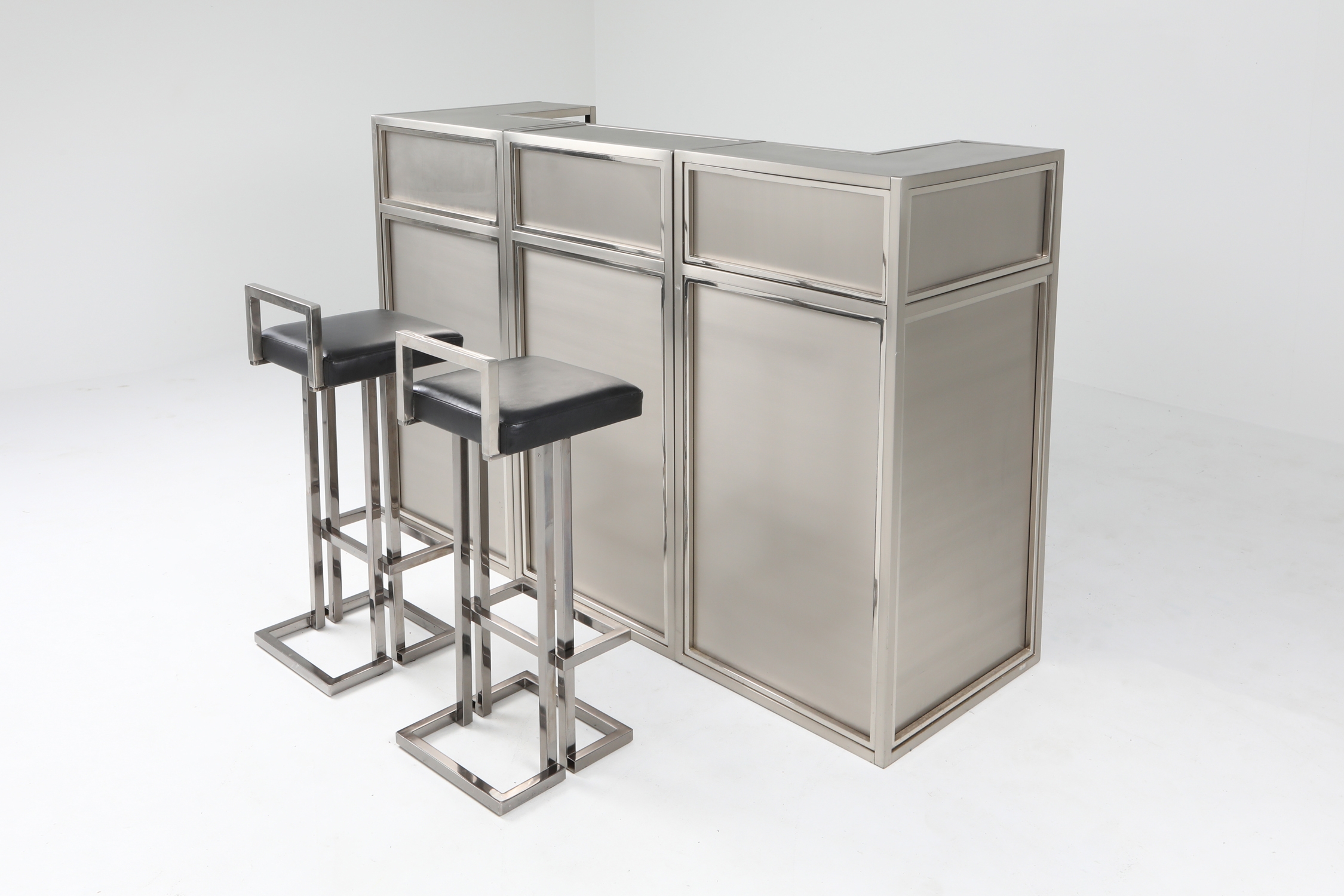 Maison Jansen Stainless Steel & Chrome Bar With Stools - 1970s