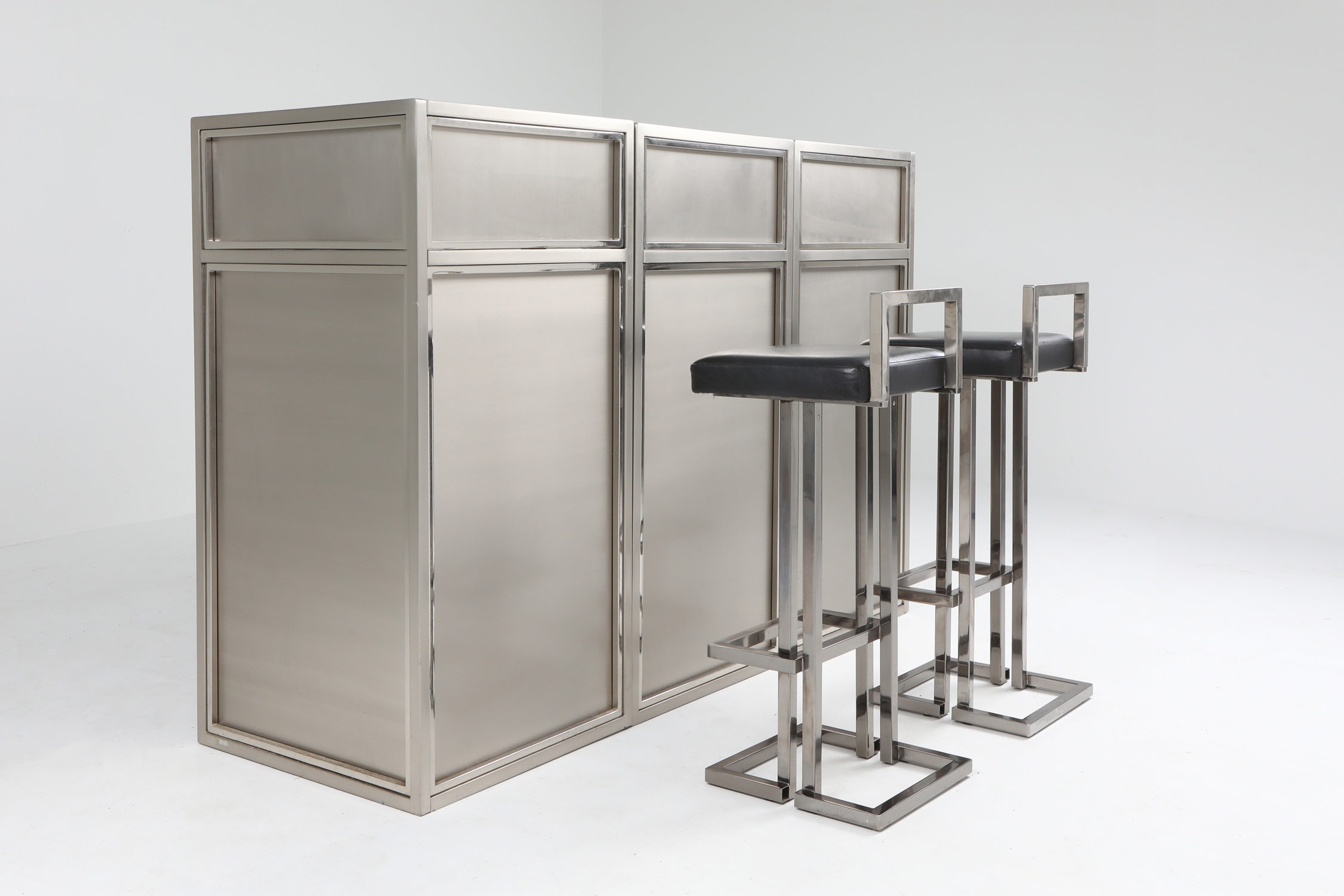 Maison Jansen Stainless Steel & Chrome Bar With Stools - 1970s