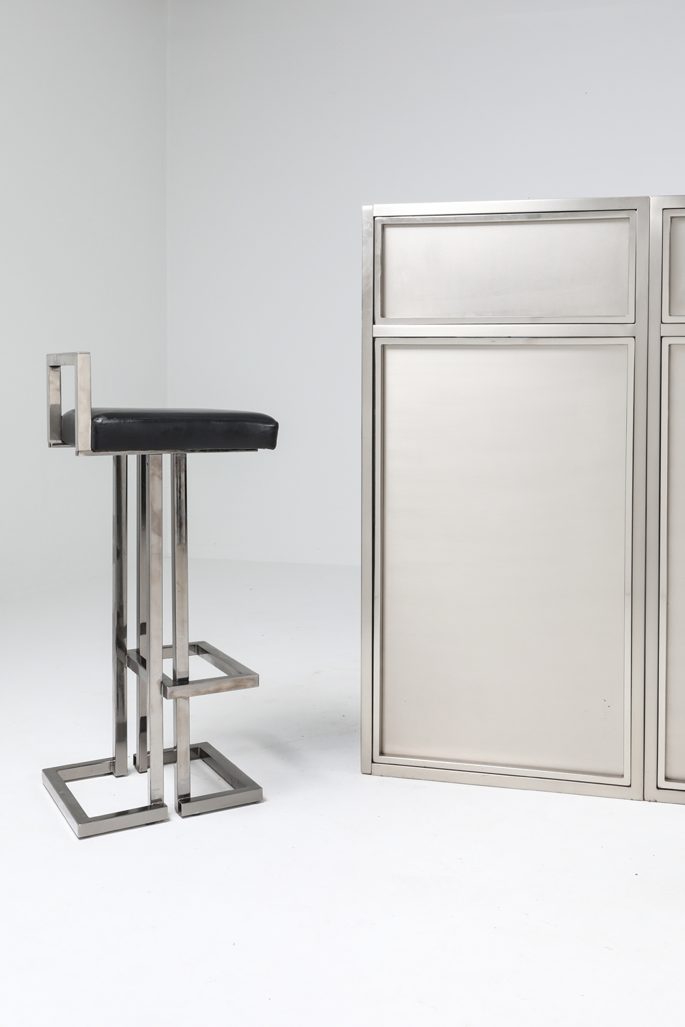 Maison Jansen Stainless Steel & Chrome Bar With Stools - 1970s