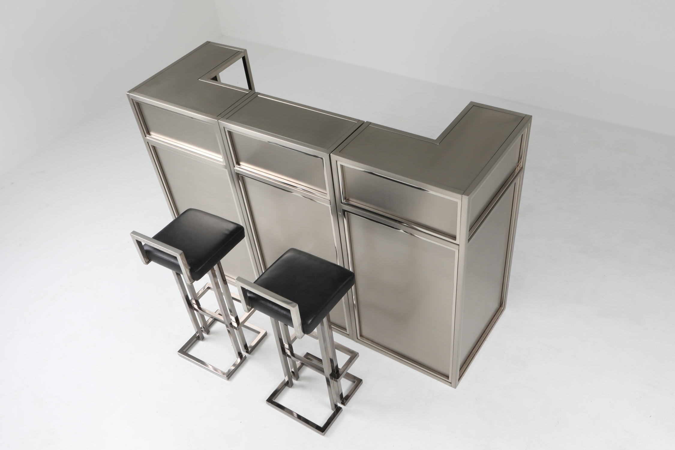 Maison Jansen Stainless Steel & Chrome Bar With Stools - 1970s