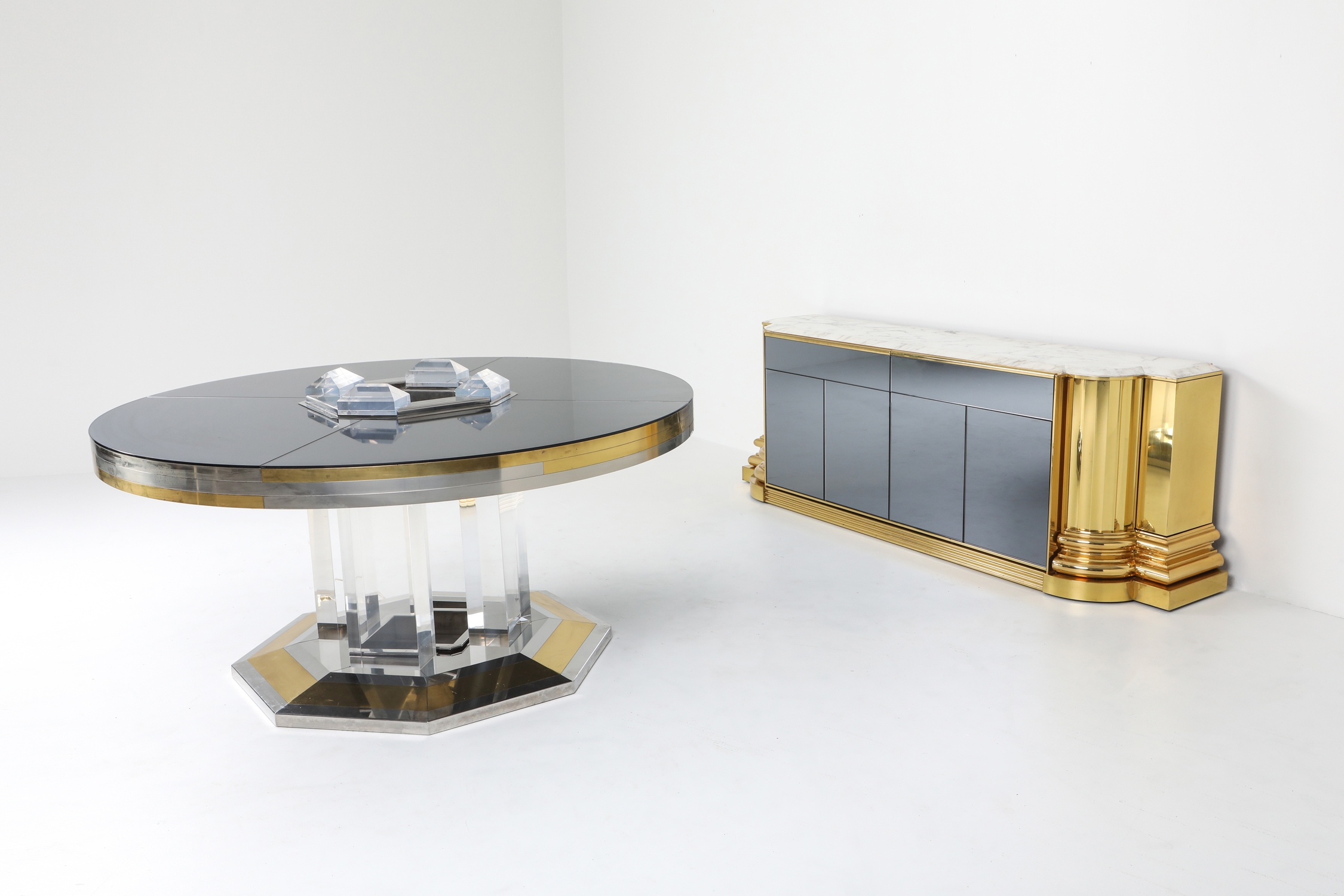 Sandro Petti For Maison Jansen Chrome & Brass Round Dining Table - 1970s