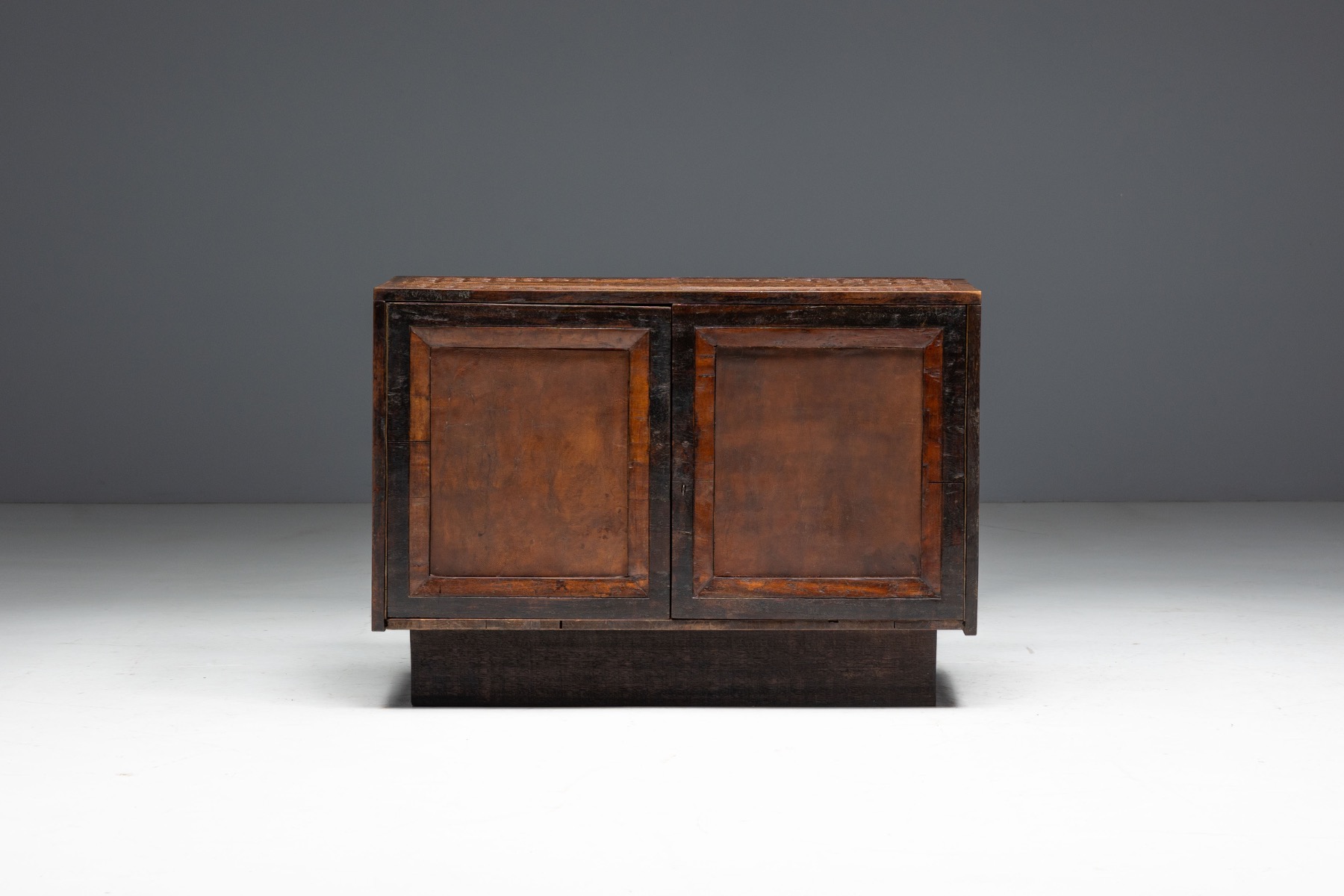 Brutalist Cabinet with Leather-Clad Doors, Africa - Mid-20th Century
