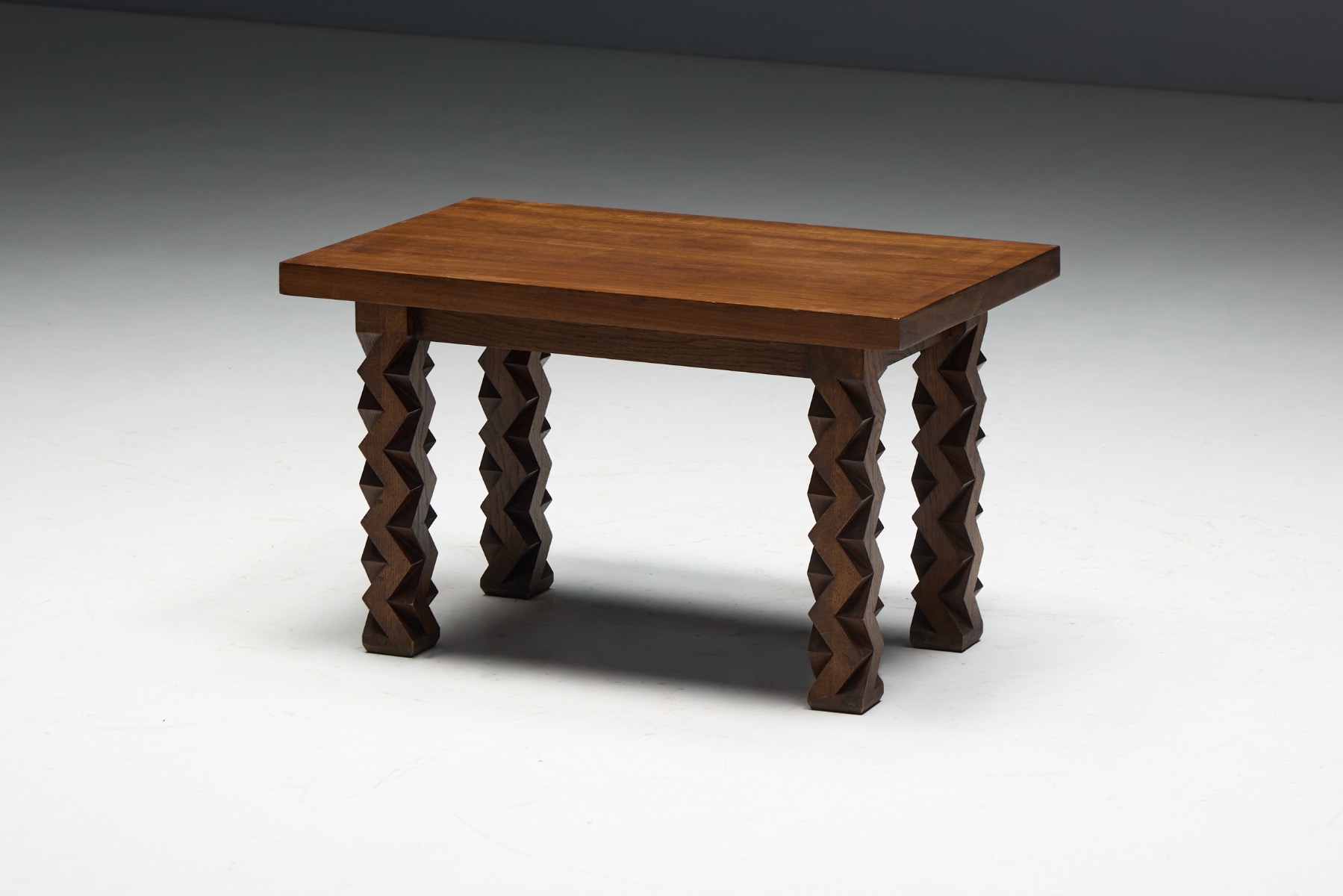 Brutalist Carved Wood Side Table, France - 1960s