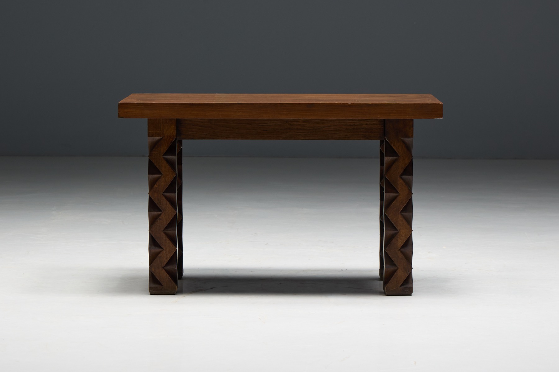 Brutalist Carved Wood Side Table, France - 1960s