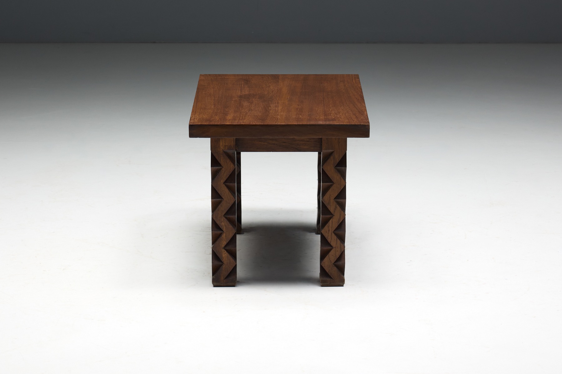 Brutalist Carved Wood Side Table, France - 1960s