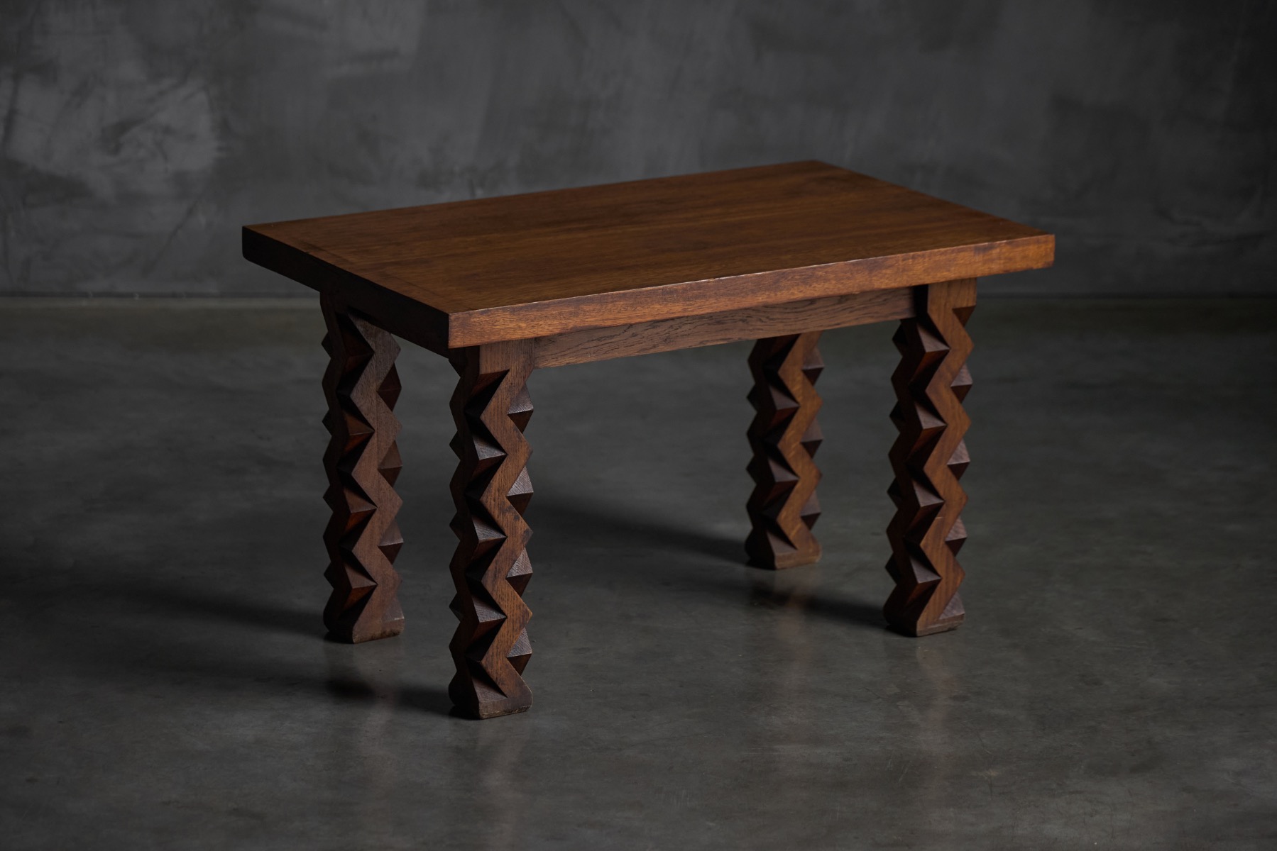 Brutalist Carved Wood Side Table, France - 1960s