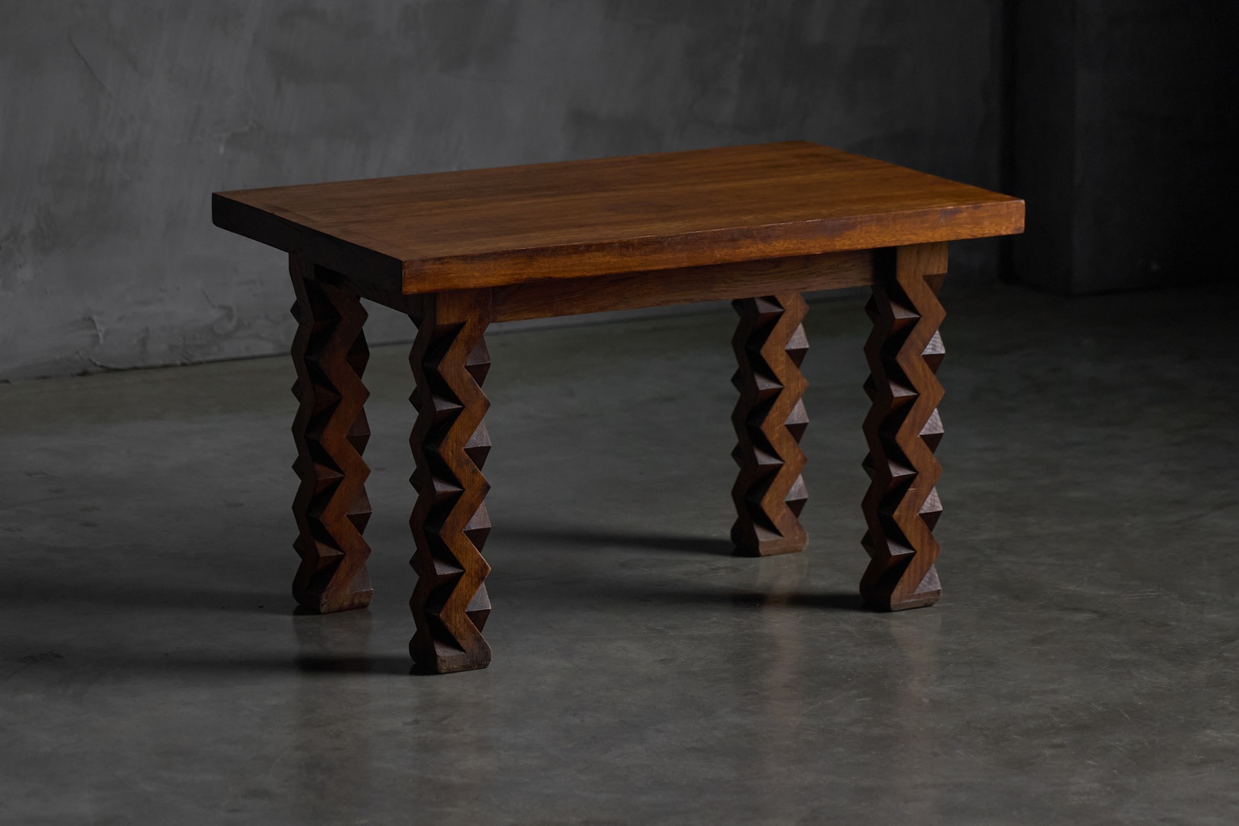 Brutalist Carved Wood Side Table, France - 1960s