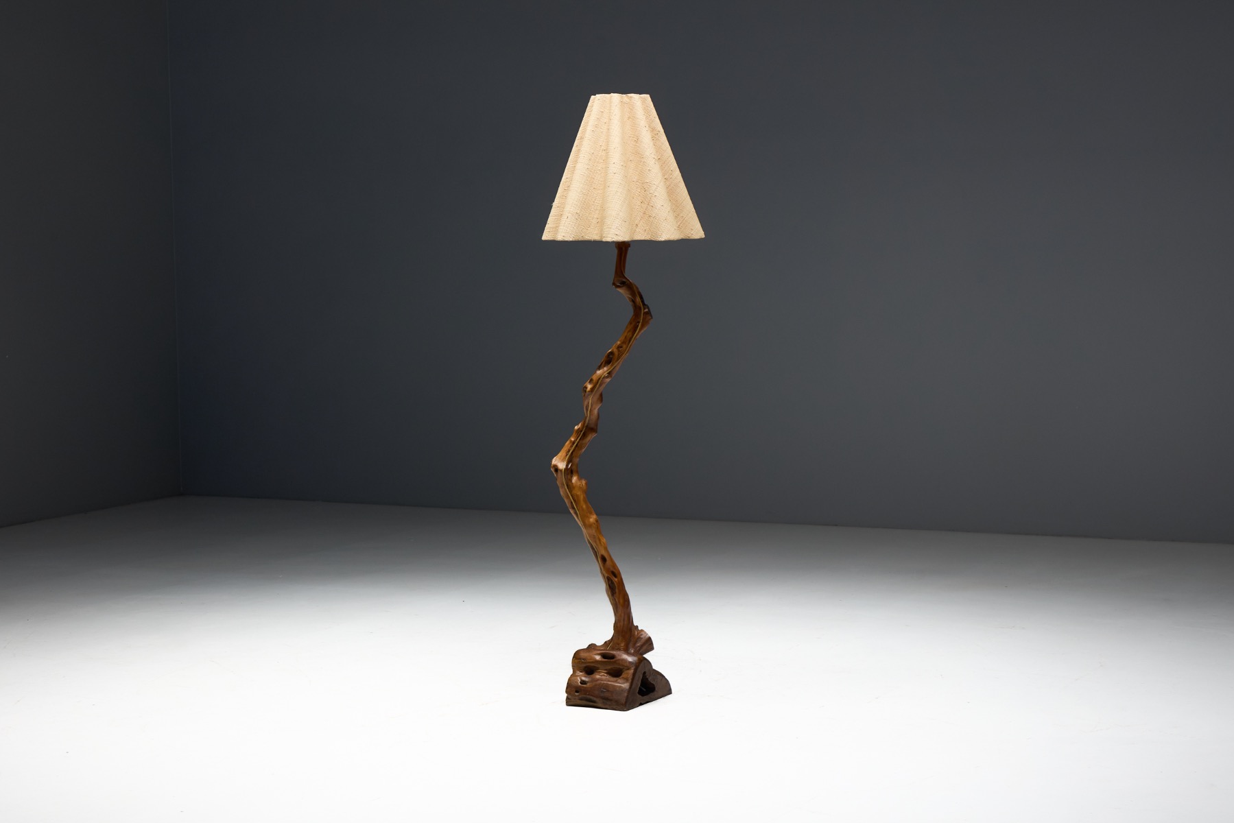 Brutalist Organic Wood Floor Lamp, France - 1970s