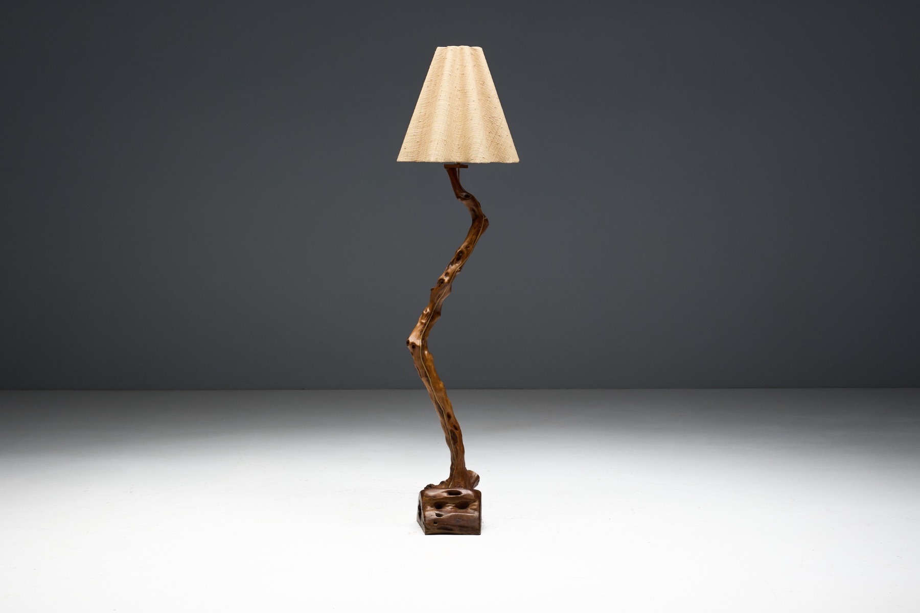 Brutalist Organic Wood Floor Lamp, France - 1970s