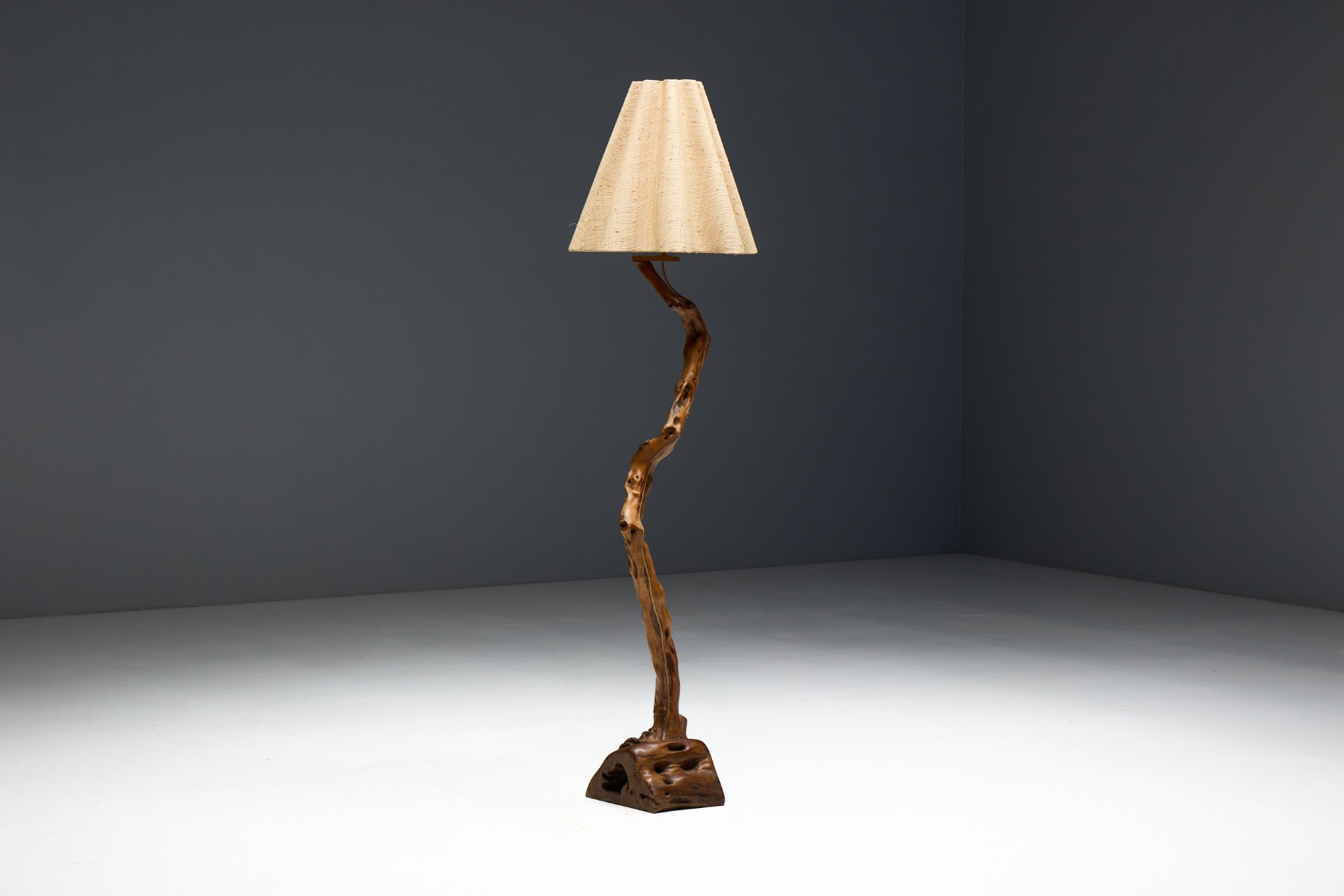 Brutalist Organic Wood Floor Lamp, France - 1970s
