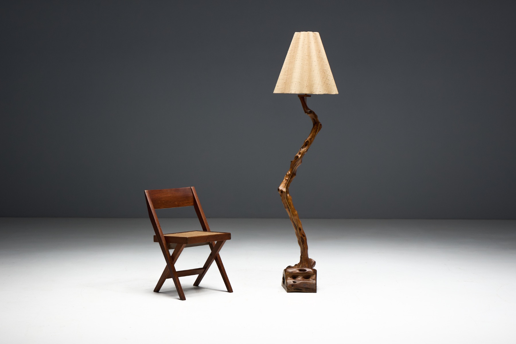 Brutalist Organic Wood Floor Lamp, France - 1970s