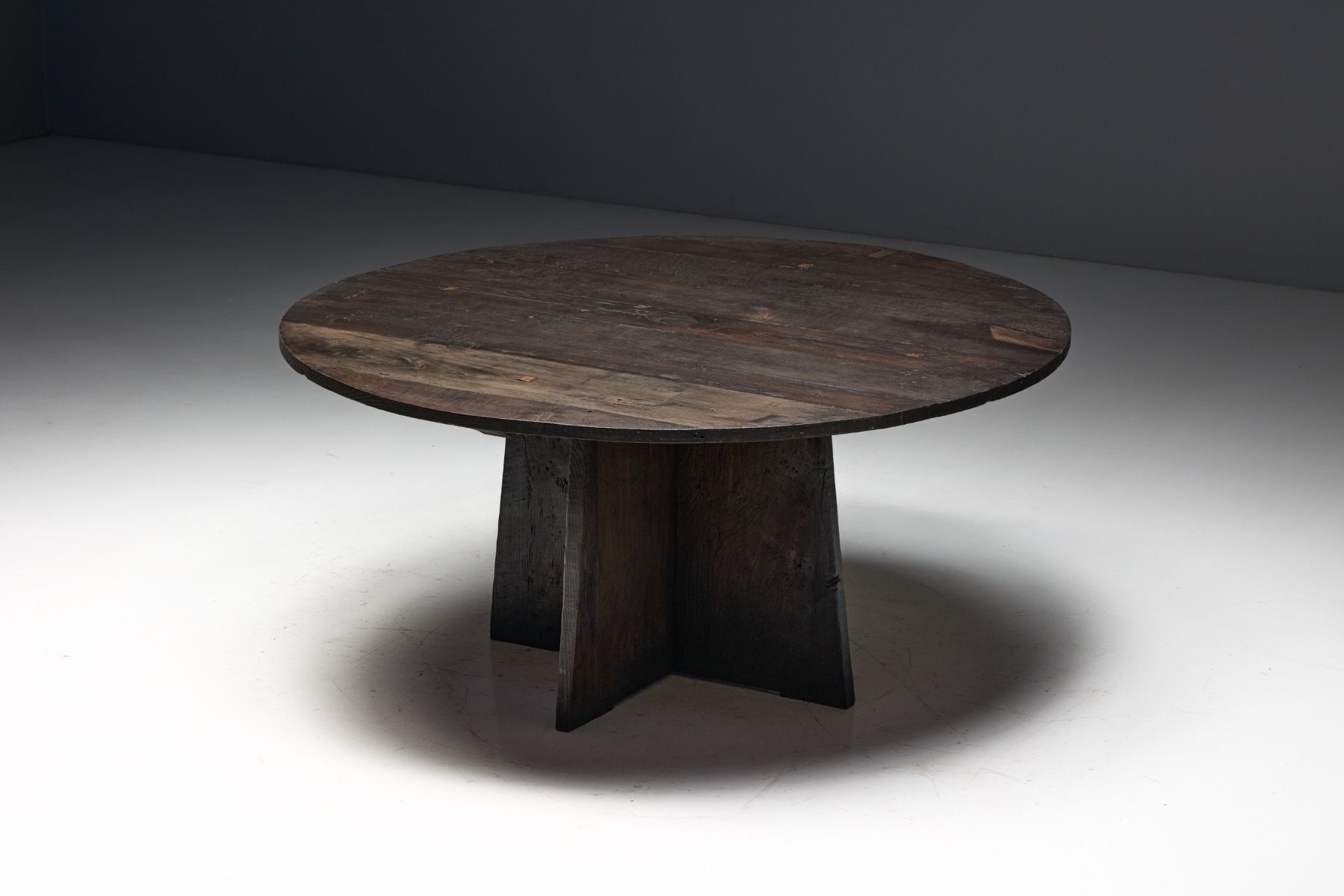 Brutalist Round Dining Table in Reclaimed Wood, France - 20th Century