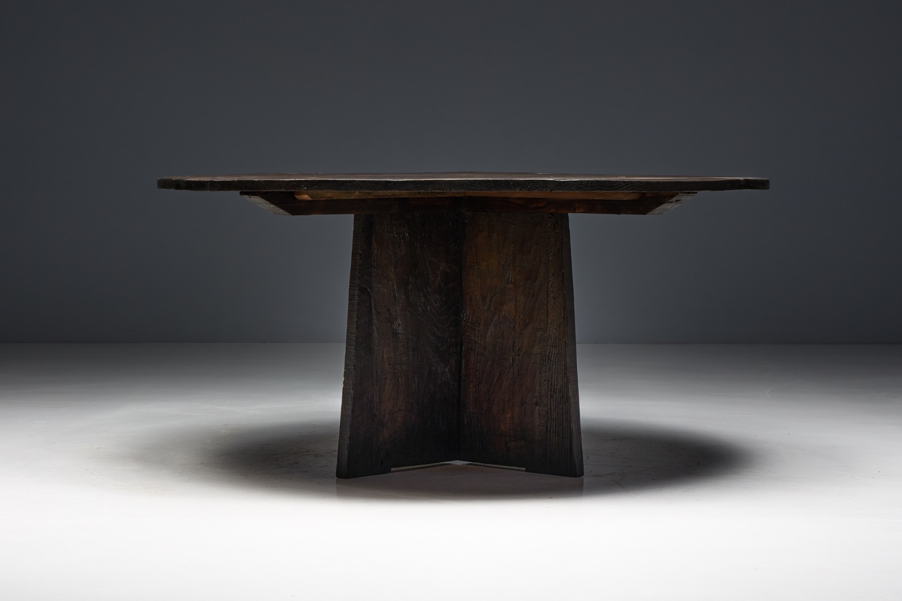 Brutalist Round Dining Table in Reclaimed Wood, France - 20th Century