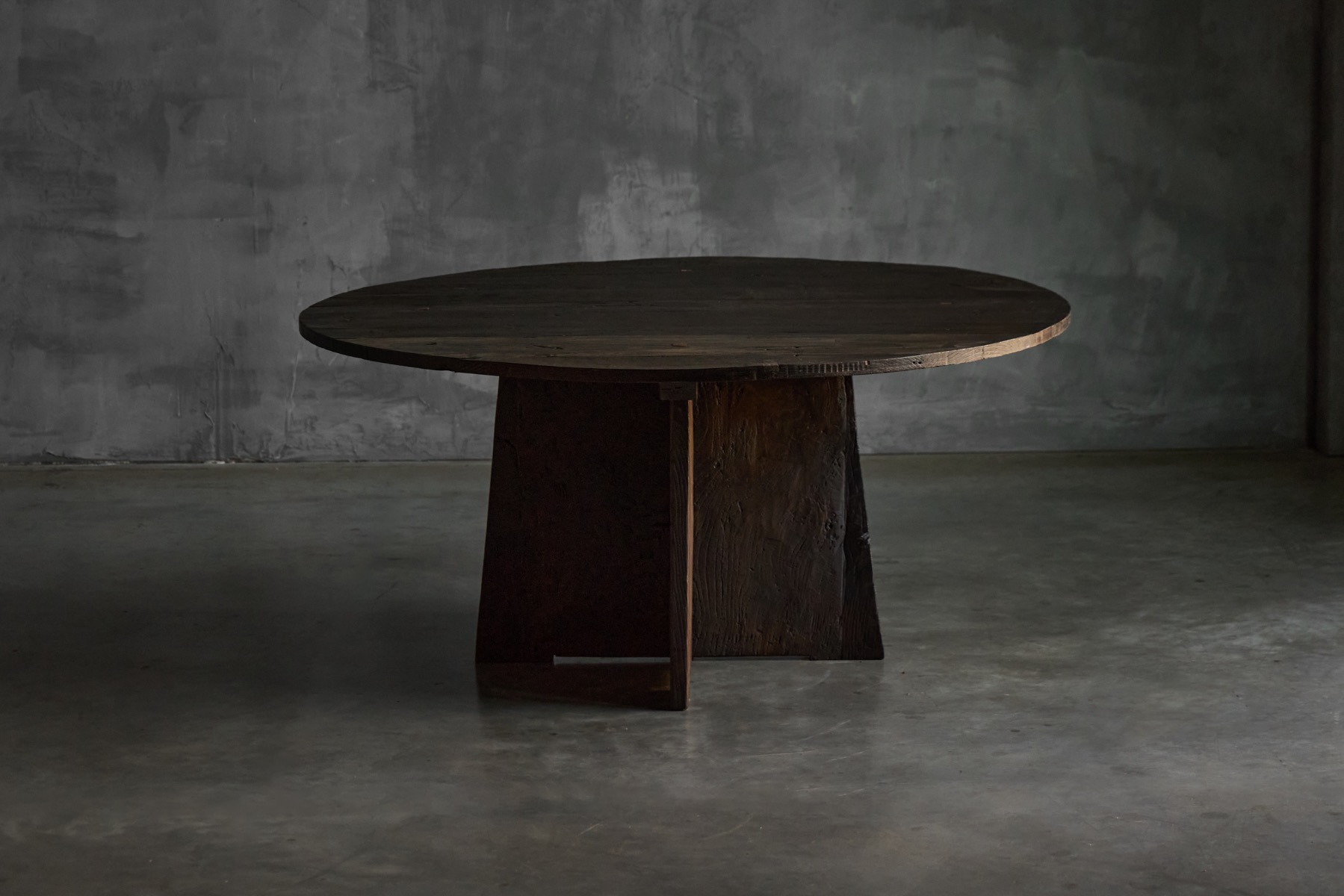 Brutalist Round Dining Table in Reclaimed Wood, France - 20th Century