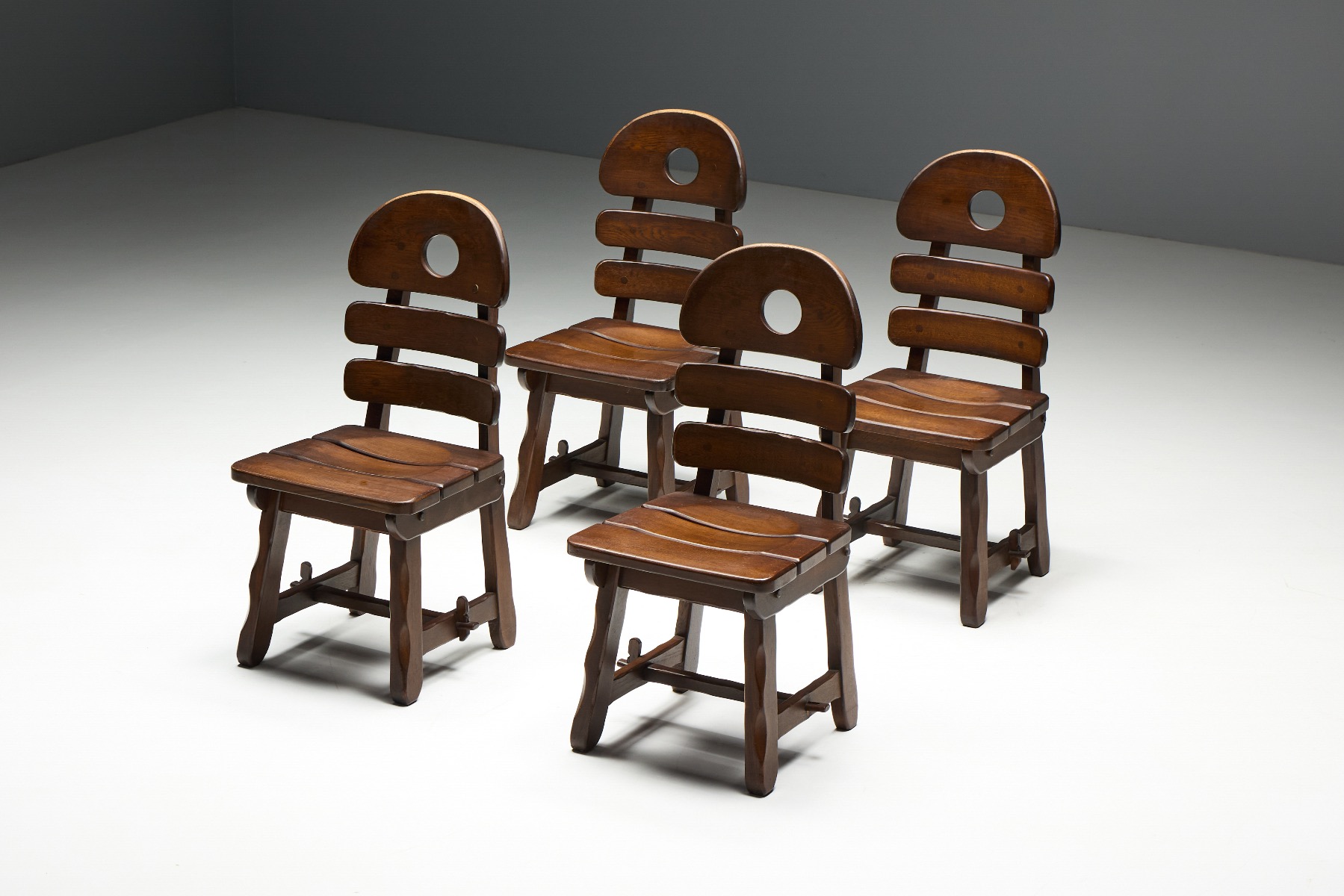 Brutalist Rustic Alpine Dining Chairs in Stained Oak - 1970s