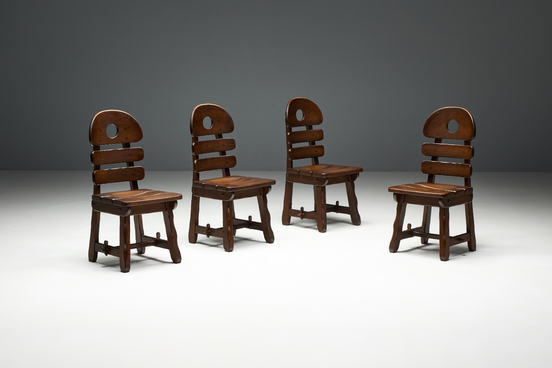 Brutalist Rustic Alpine Dining Chairs in Stained Oak - 1970s