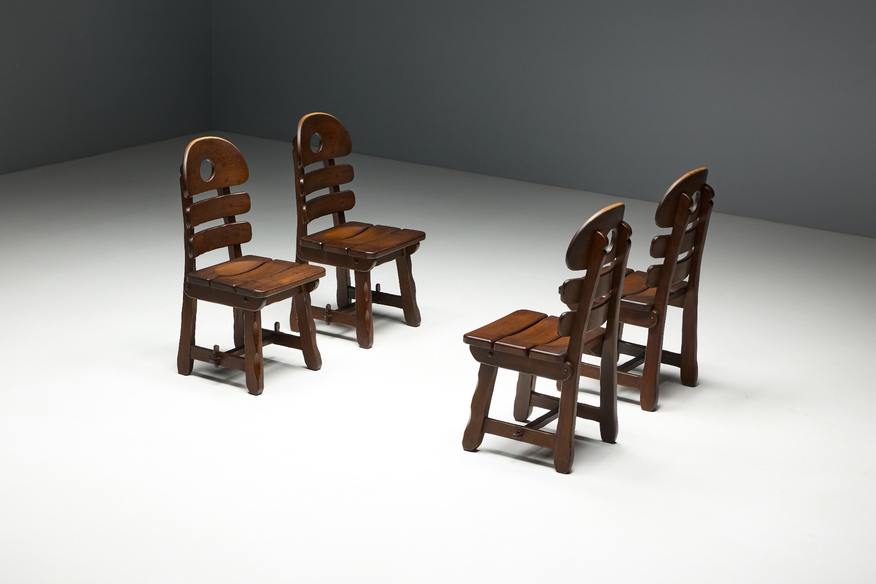 Brutalist Rustic Alpine Dining Chairs in Stained Oak - 1970s