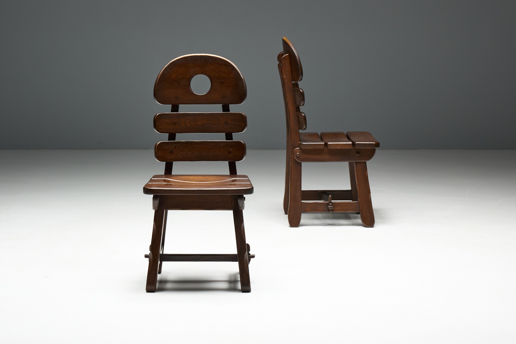Brutalist Rustic Alpine Dining Chairs in Stained Oak - 1970s
