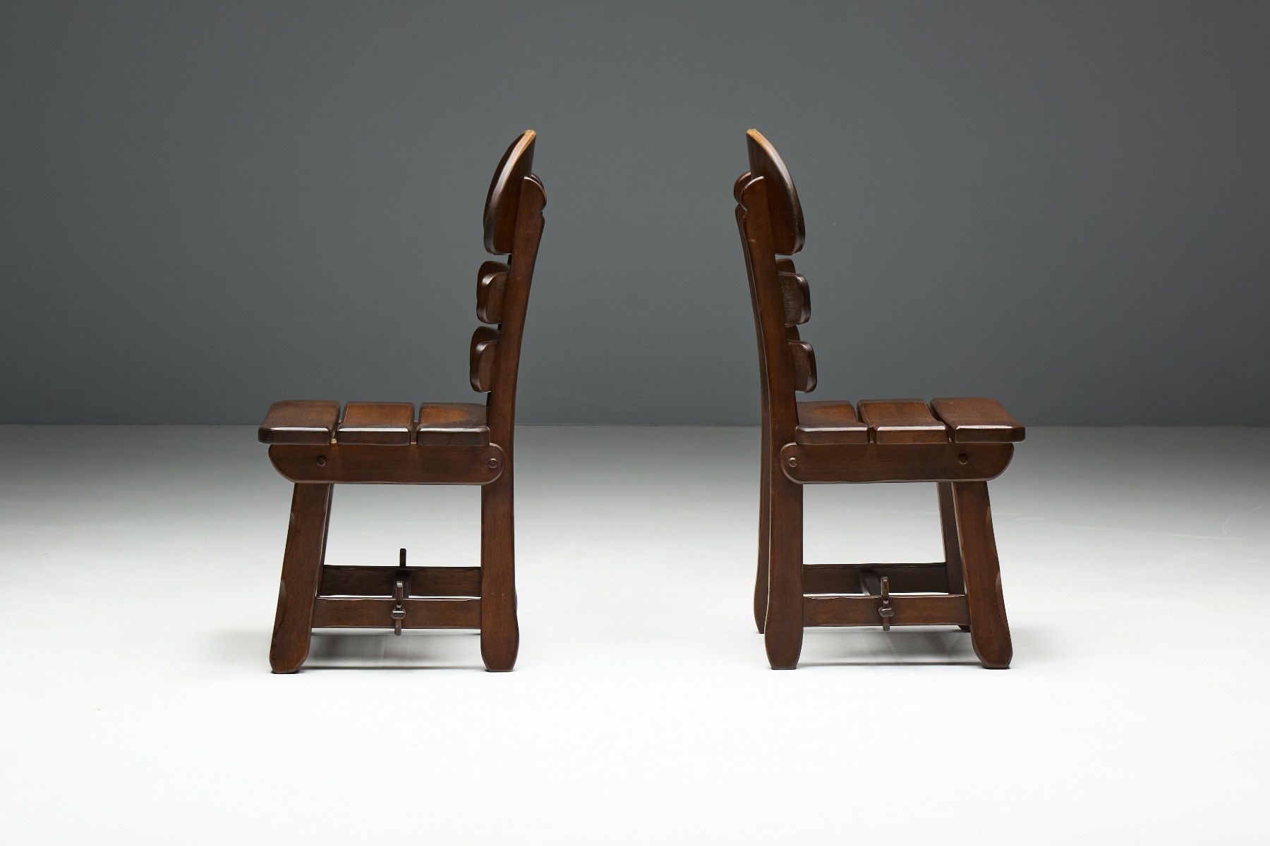 Brutalist Rustic Alpine Dining Chairs in Stained Oak - 1970s